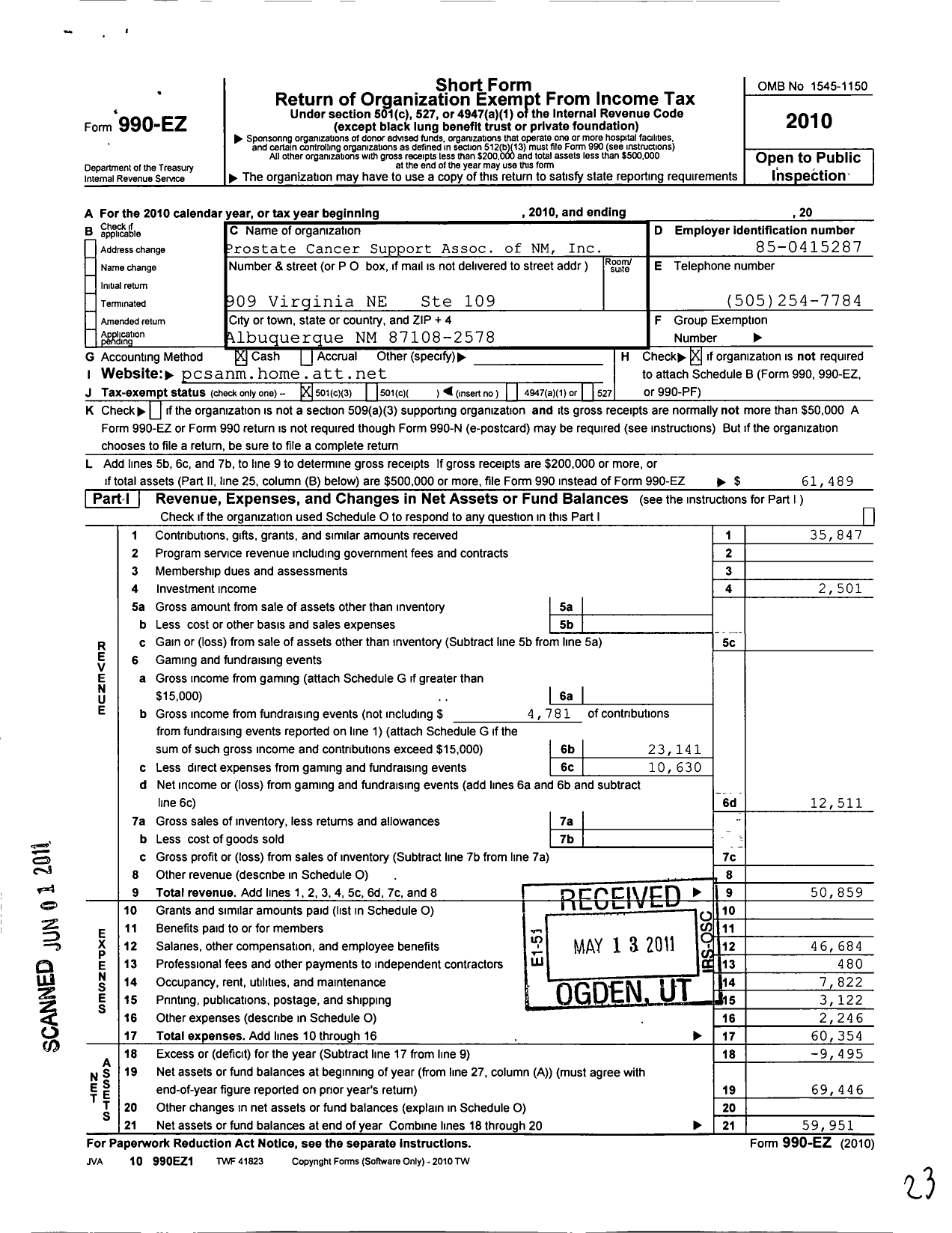 Image of first page of 2010 Form 990EZ for Prostate Cancer Support Association of New Mexico