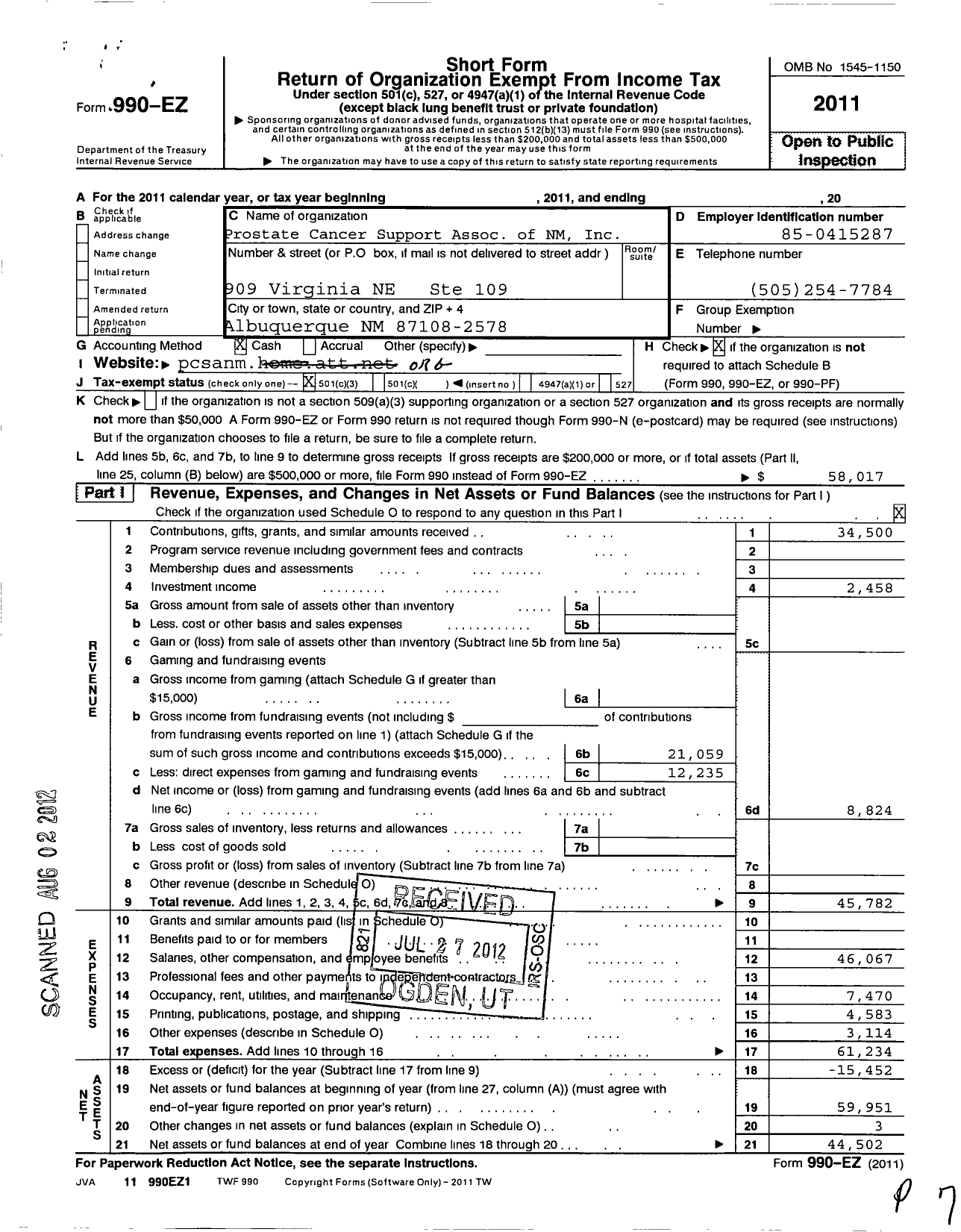 Image of first page of 2011 Form 990EZ for Prostate Cancer Support Association of New Mexico