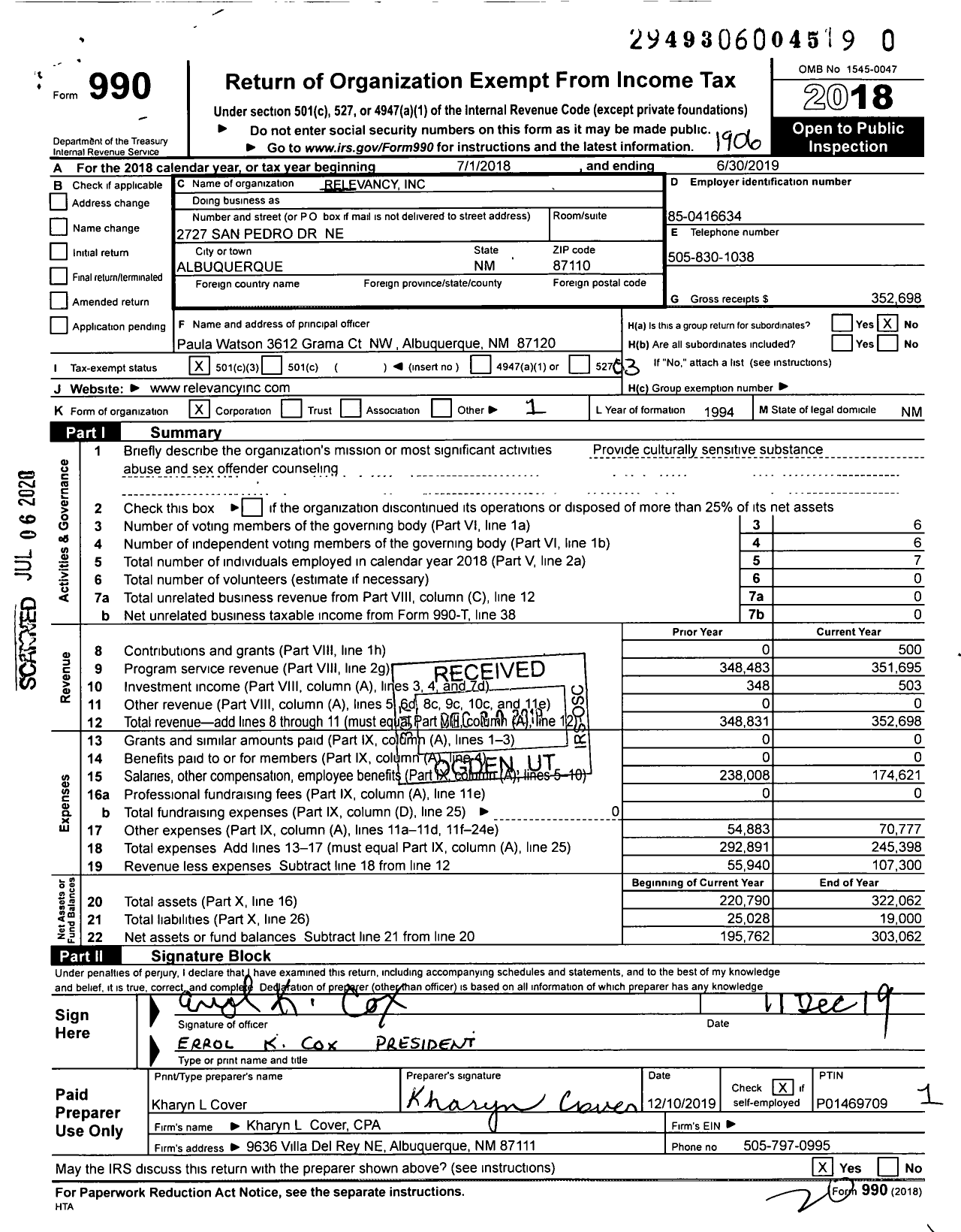 Image of first page of 2018 Form 990 for Relevancy