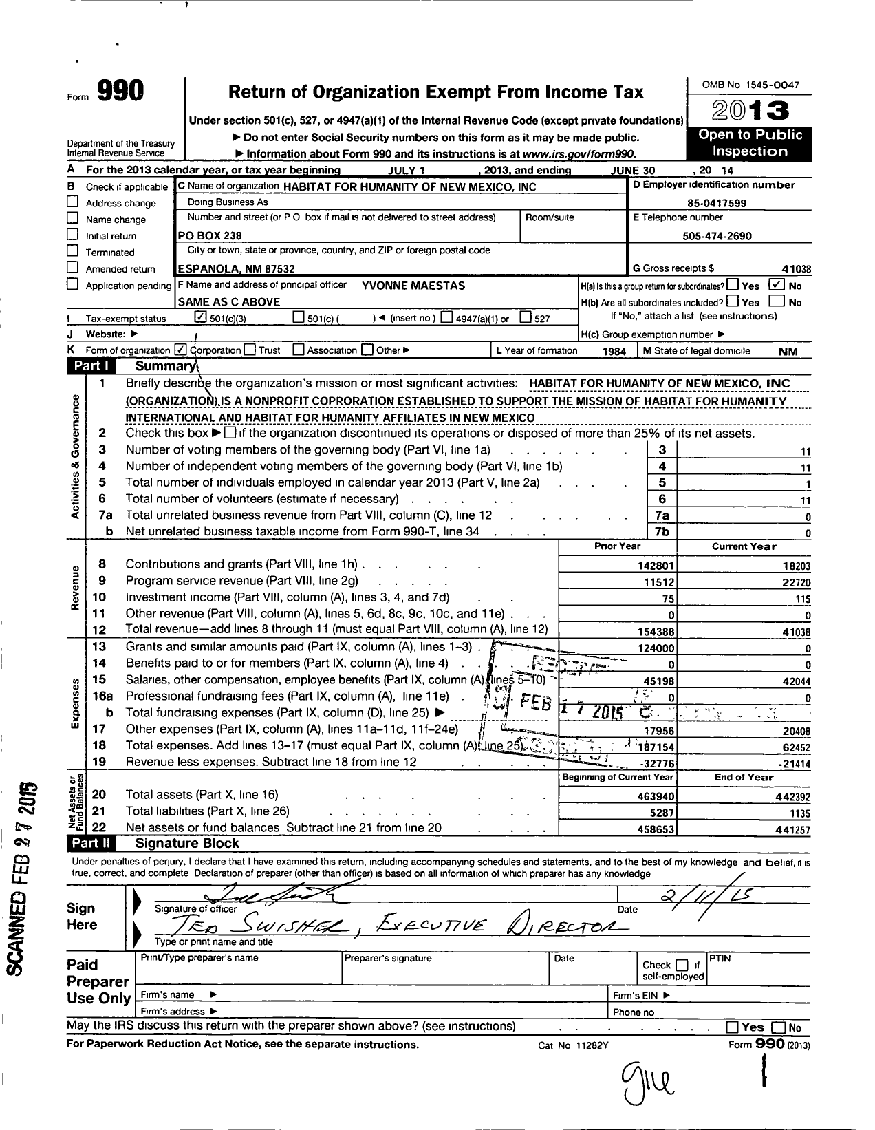 Image of first page of 2013 Form 990 for Habitat for Humanity - New Mexico