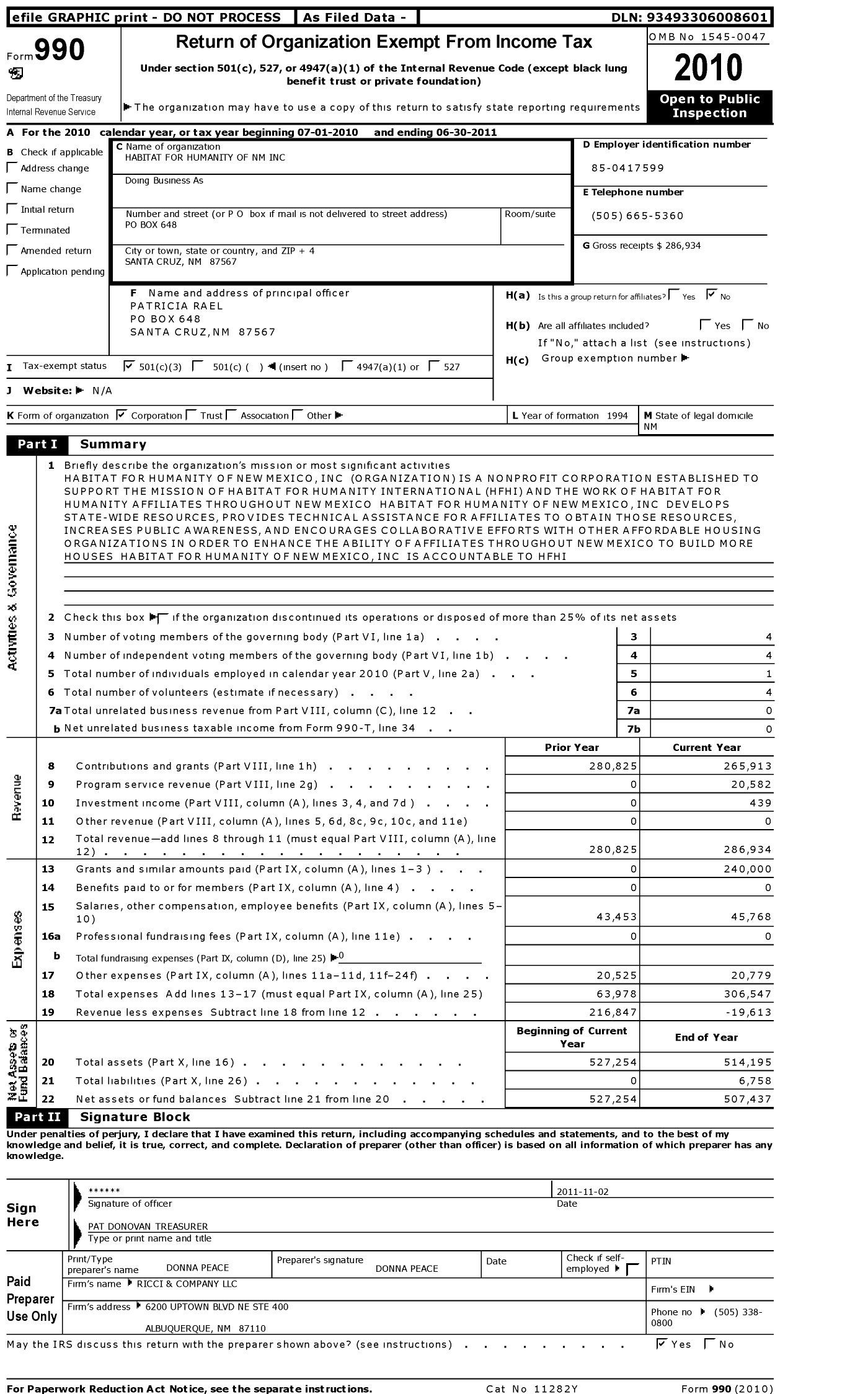 Image of first page of 2010 Form 990 for Habitat for Humanity - New Mexico