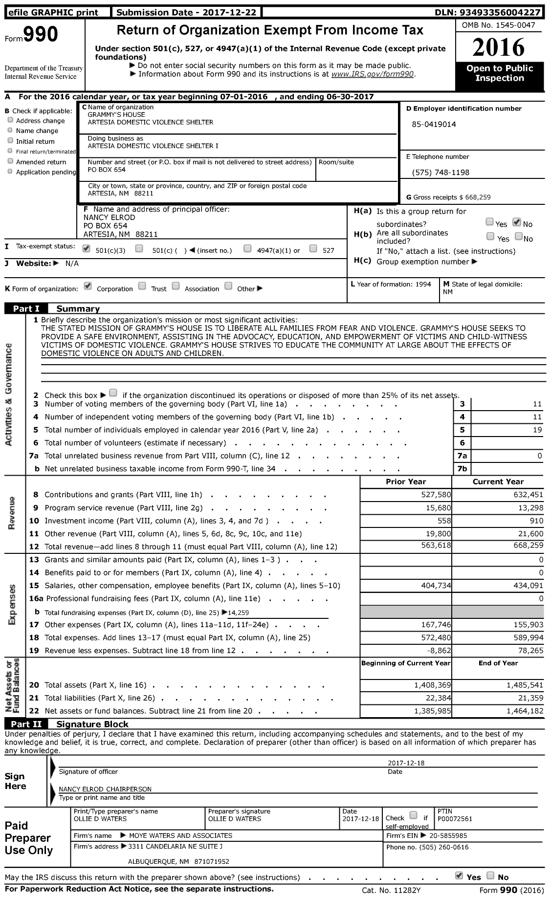 Image of first page of 2016 Form 990 for Artesia Domestic Violence Shelter I