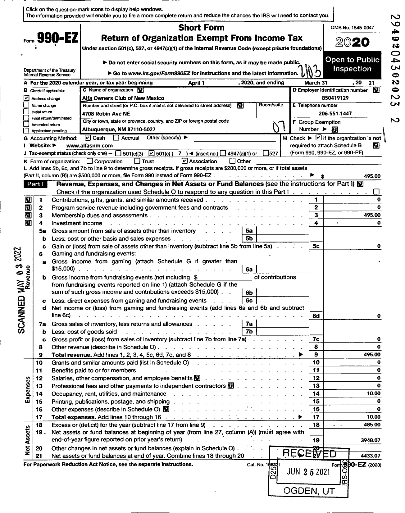 Image of first page of 2020 Form 990EO for Alfa Owners Club of New Mexico