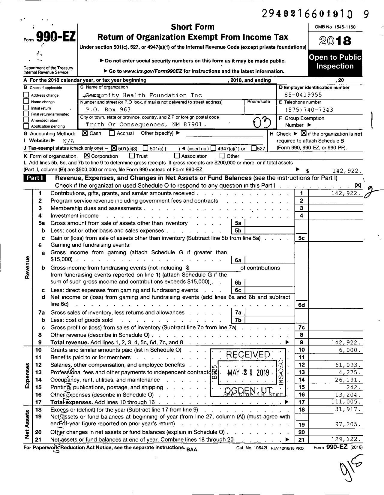 Image of first page of 2018 Form 990EZ for Community Health Foundation / Sierra Vista Hospital