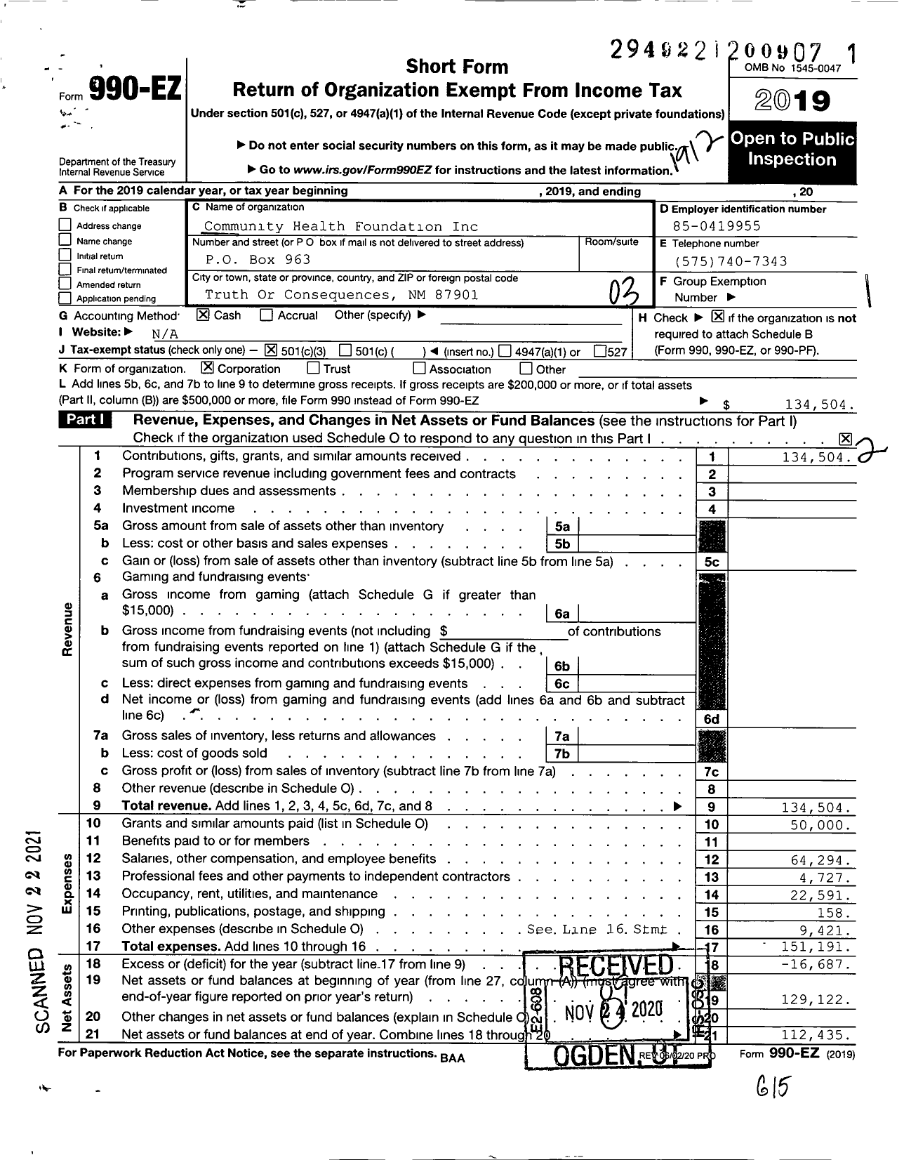 Image of first page of 2019 Form 990EZ for Community Health Foundation / Sierra Vista Hospital