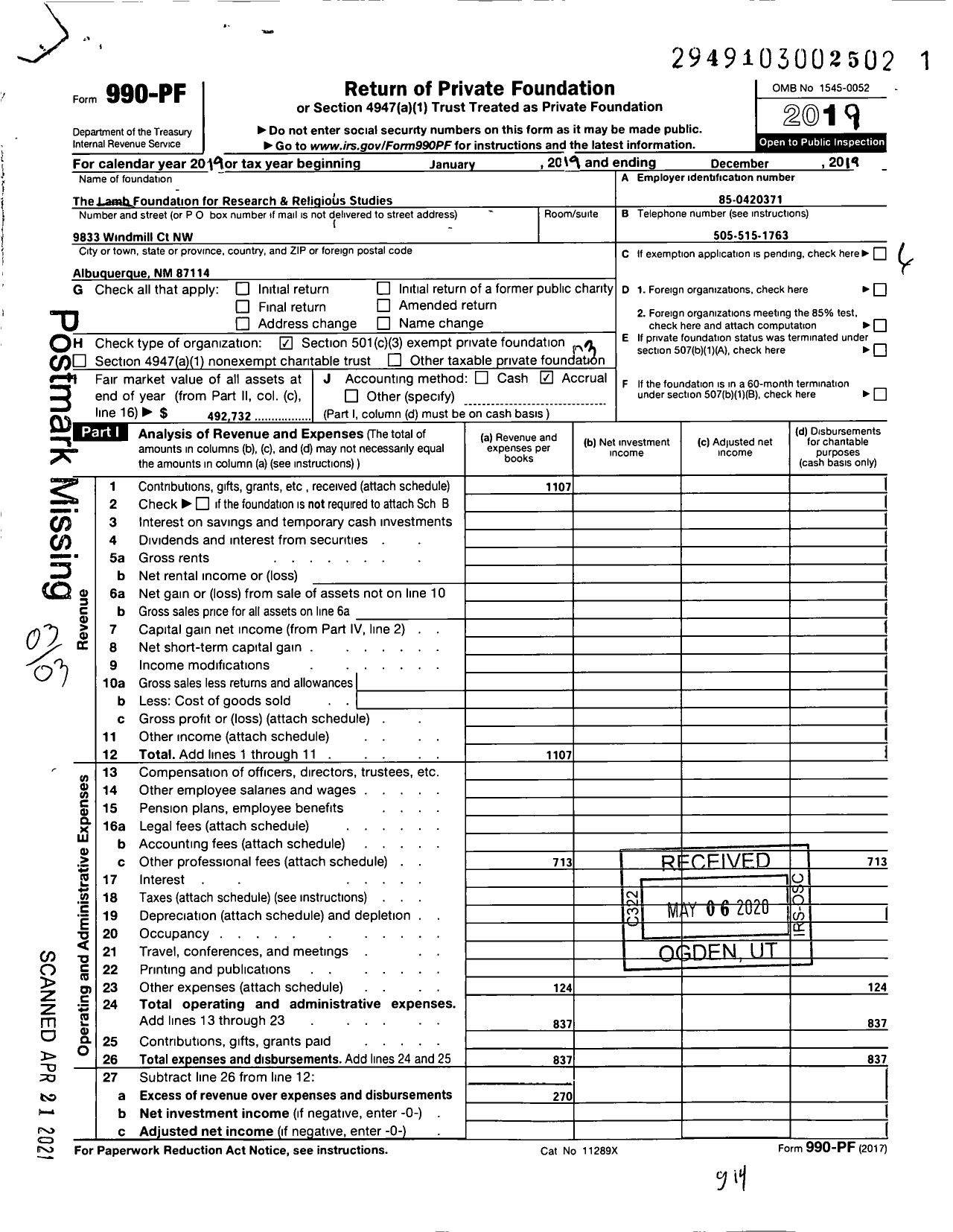 Image of first page of 2019 Form 990PF for The Lamb Foundation for Research & Relig ious Studies