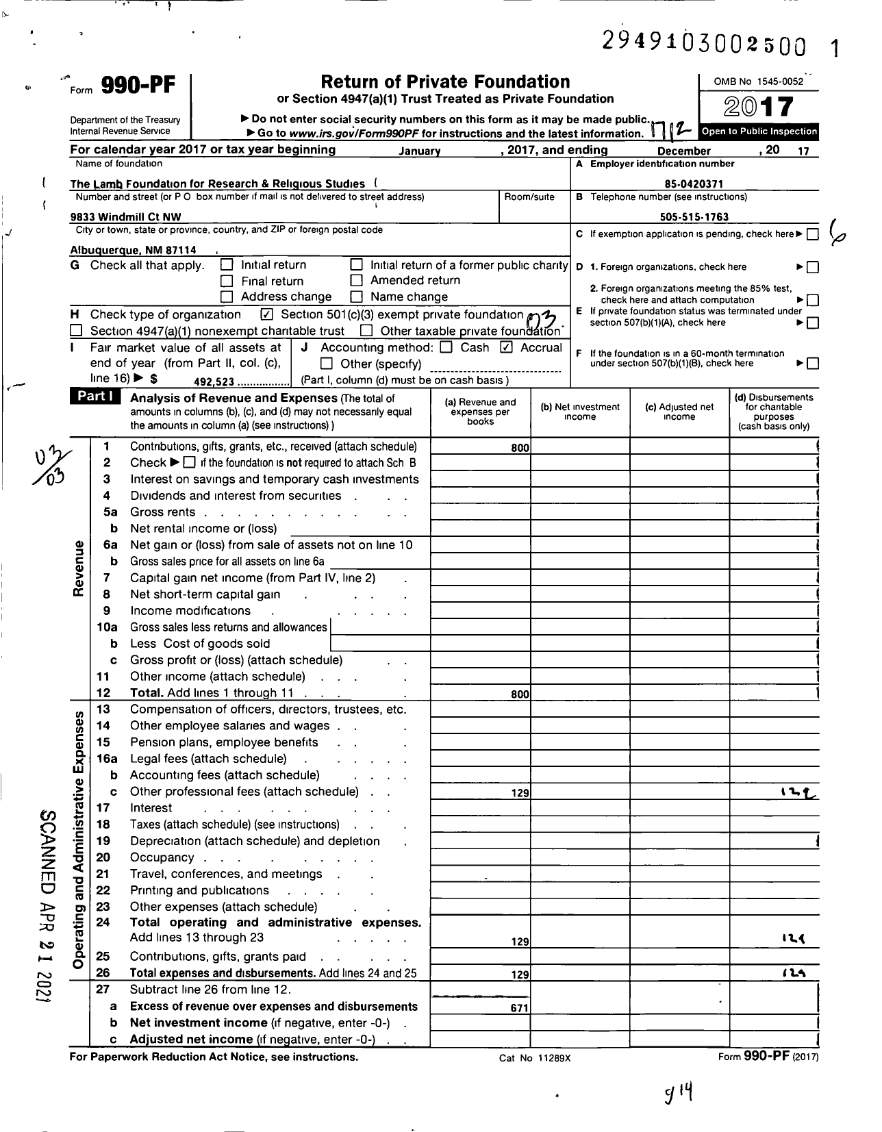 Image of first page of 2017 Form 990PF for The Lamb Foundation for Research & Relig ious Studies