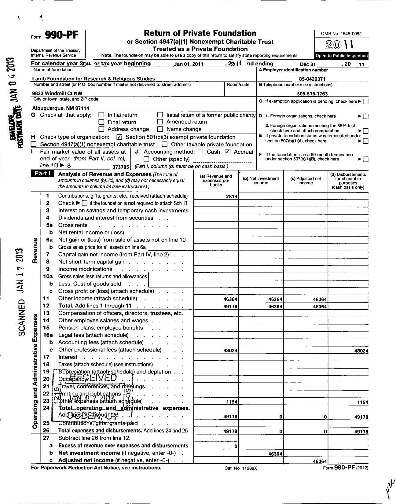 Image of first page of 2011 Form 990PF for The Lamb Foundation for Research & Relig ious Studies