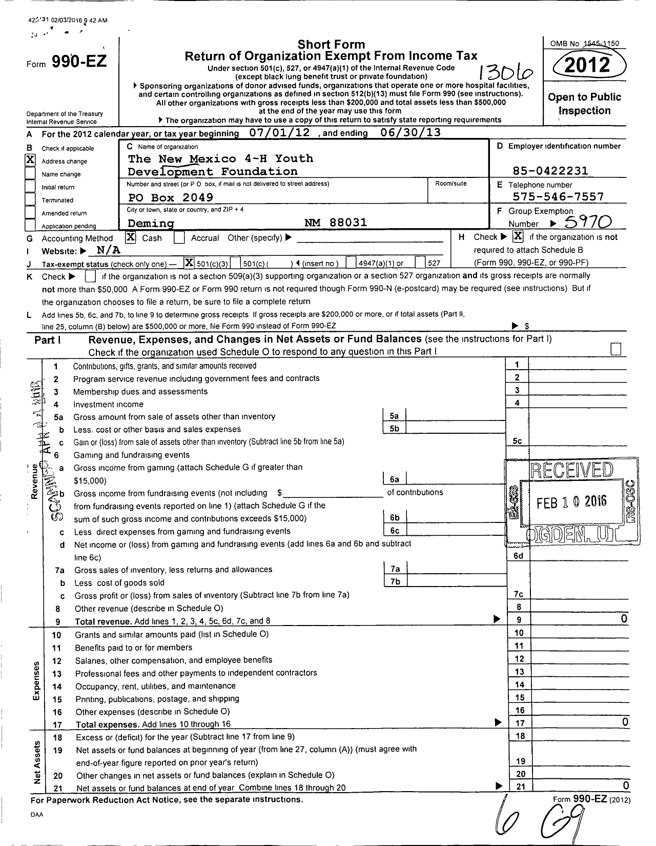 Image of first page of 2012 Form 990EZ for The New Mexico 4-H Youth Development Foundation