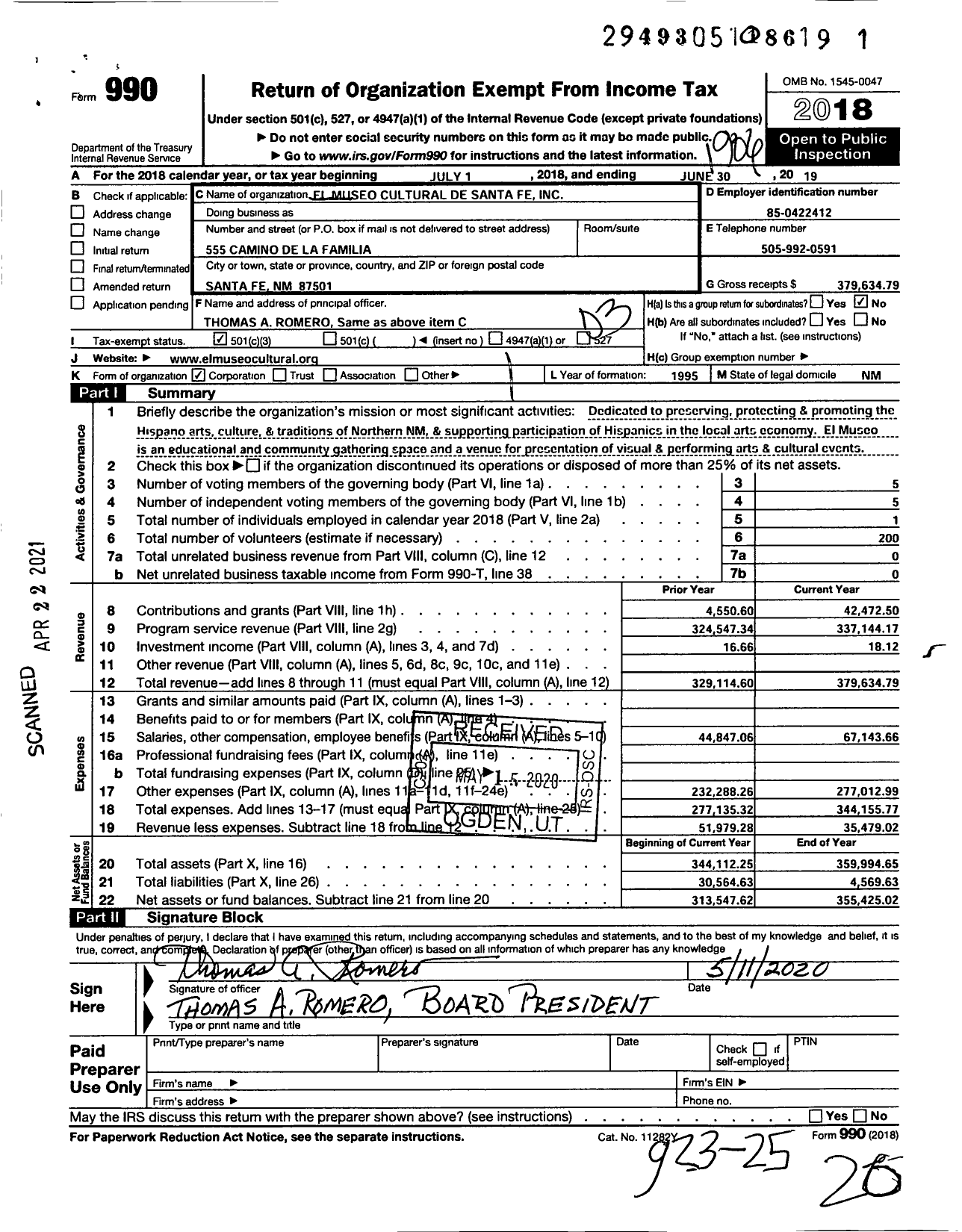 Image of first page of 2018 Form 990 for El Museo Cultural de Santa Fe