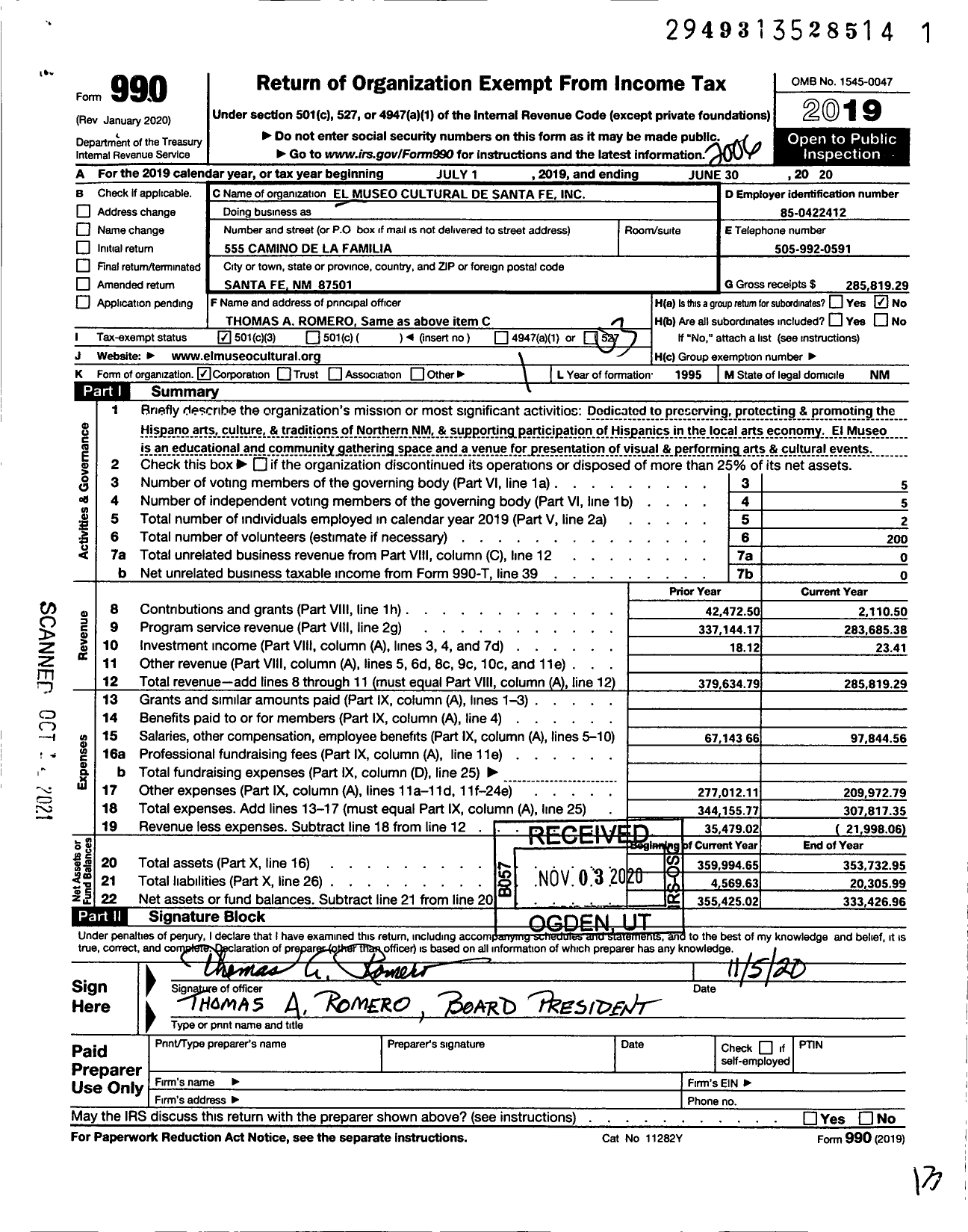 Image of first page of 2019 Form 990 for El Museo Cultural de Santa Fe