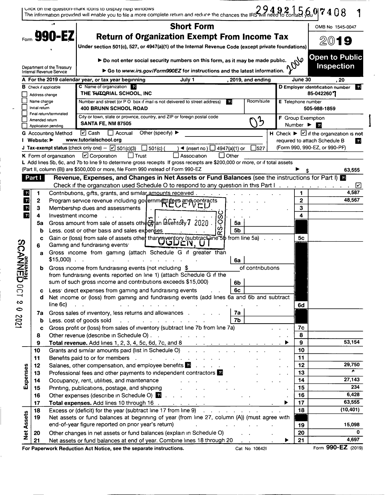 Image of first page of 2019 Form 990EZ for The Tutorial School