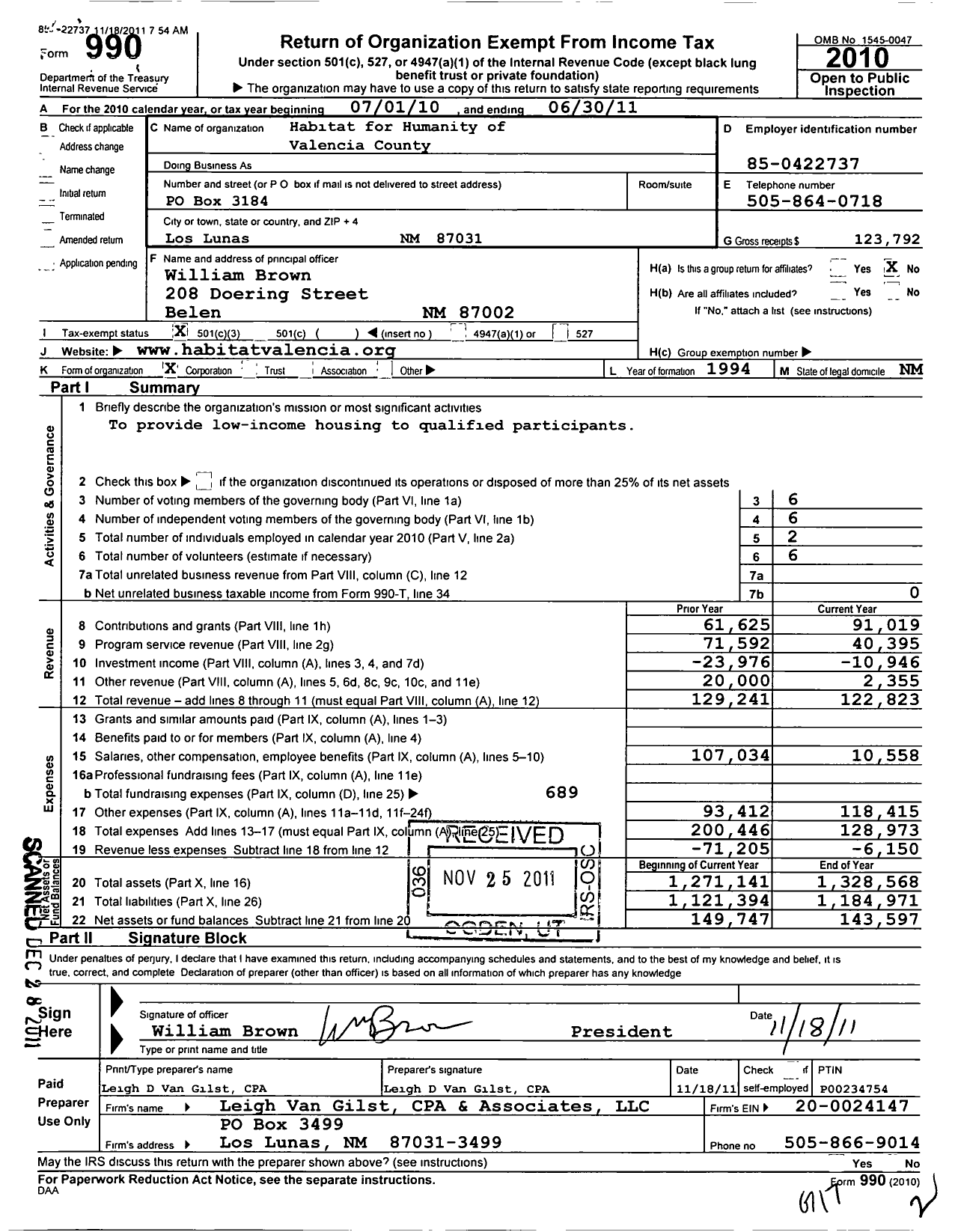 Image of first page of 2010 Form 990 for Habitat for Humanity - Valencia County HFH