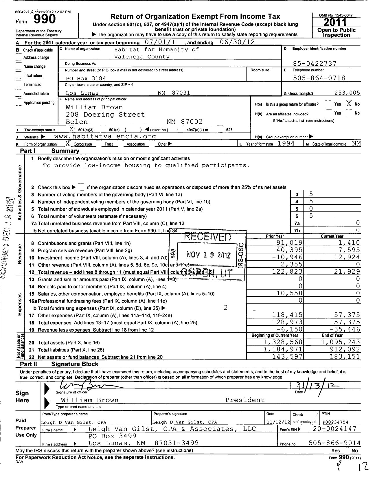 Image of first page of 2011 Form 990 for Habitat for Humanity - Valencia County HFH