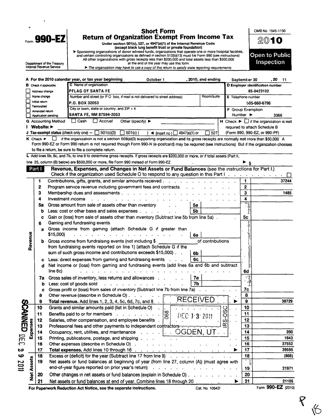 Image of first page of 2010 Form 990EO for Parents Families and Friends of Lesbians and Gays / Pflag Santa Fe