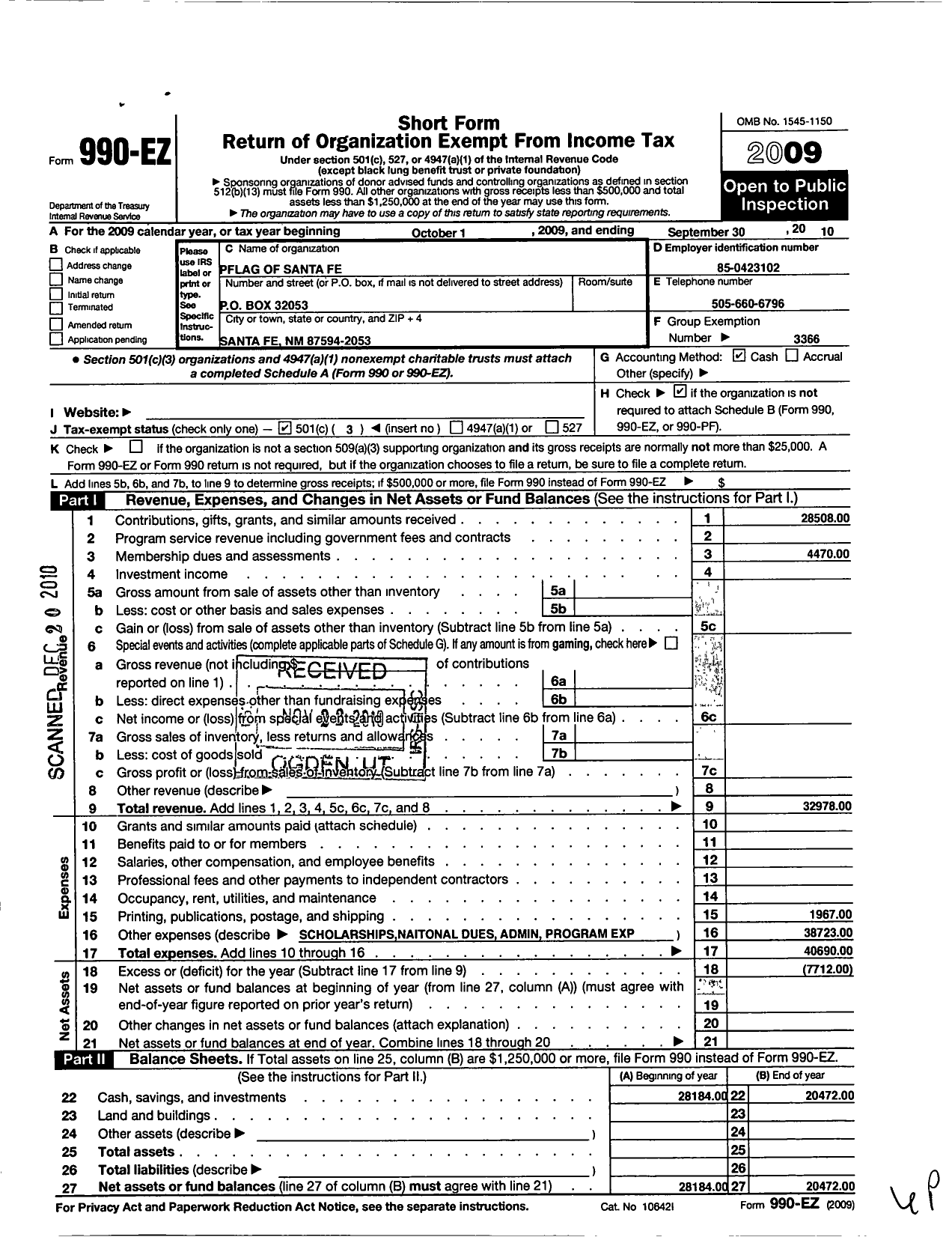 Image of first page of 2009 Form 990EZ for Parents Families and Friends of Lesbians and Gays / Pflag Santa Fe