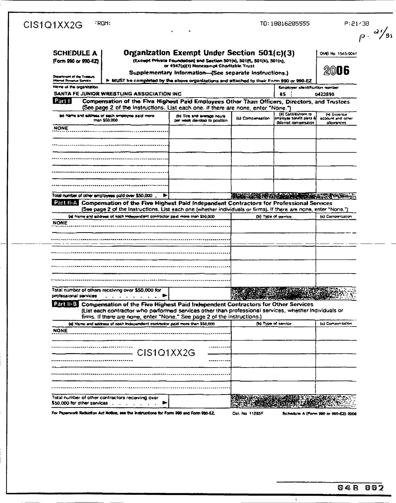 Image of first page of 2006 Form 990ER for Santa Fe Junior Wrestling Association