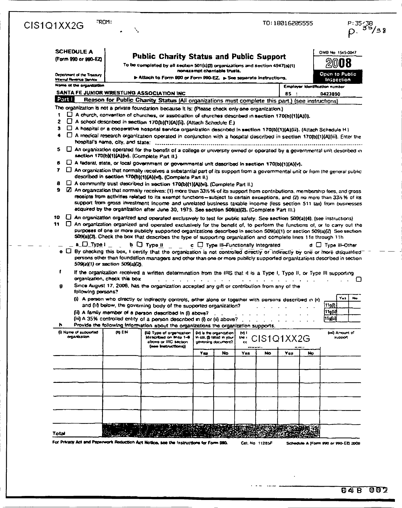 Image of first page of 2008 Form 990ER for Santa Fe Junior Wrestling Association