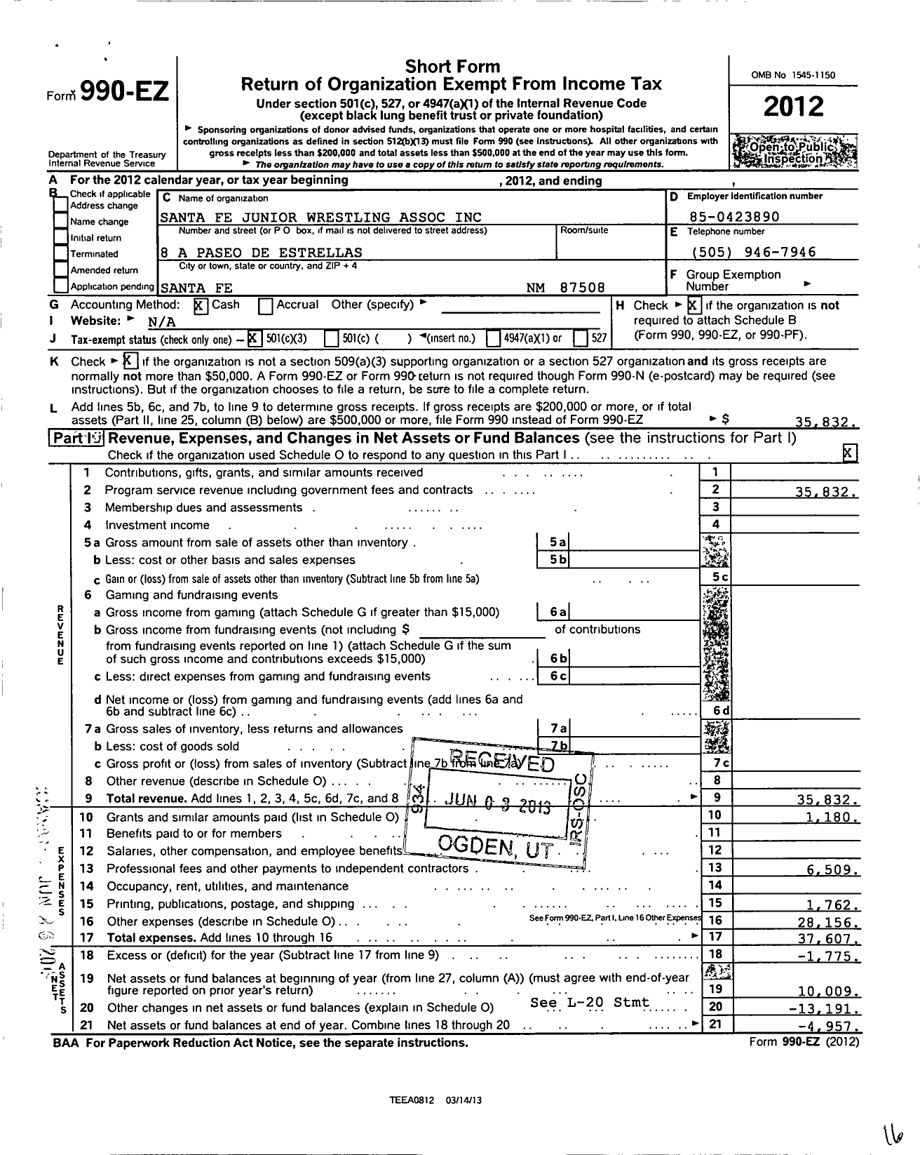 Image of first page of 2012 Form 990EZ for Santa Fe Junior Wrestling Association