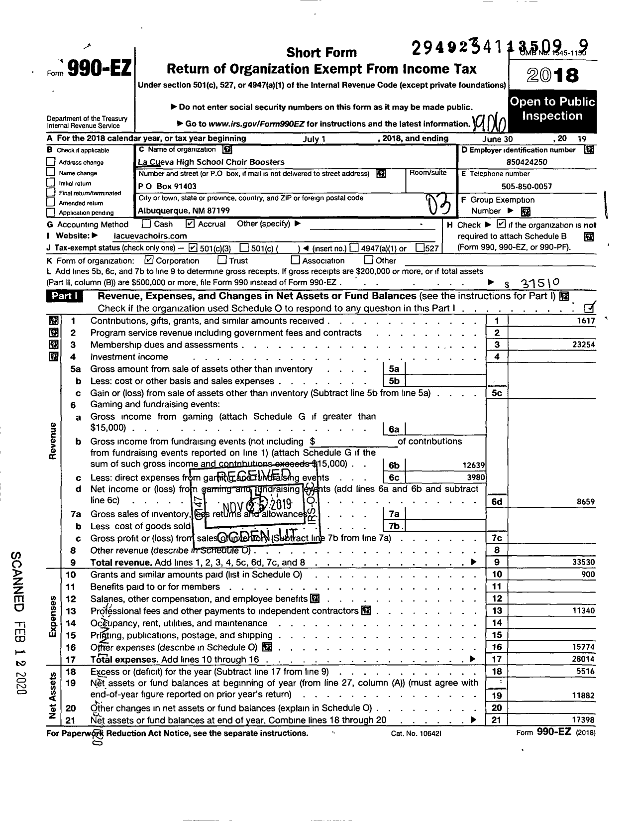 Image of first page of 2018 Form 990EZ for La Cueva High School Choral