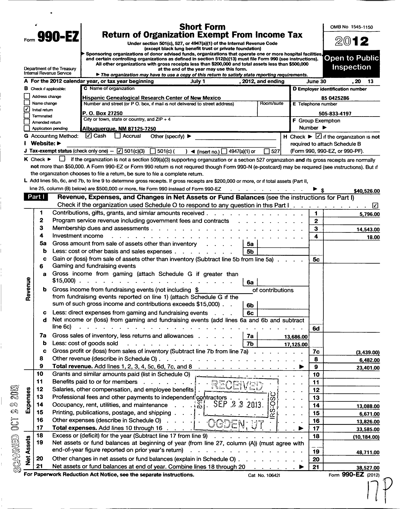 Image of first page of 2012 Form 990EZ for Hispanic Genealogical Research Center of NM