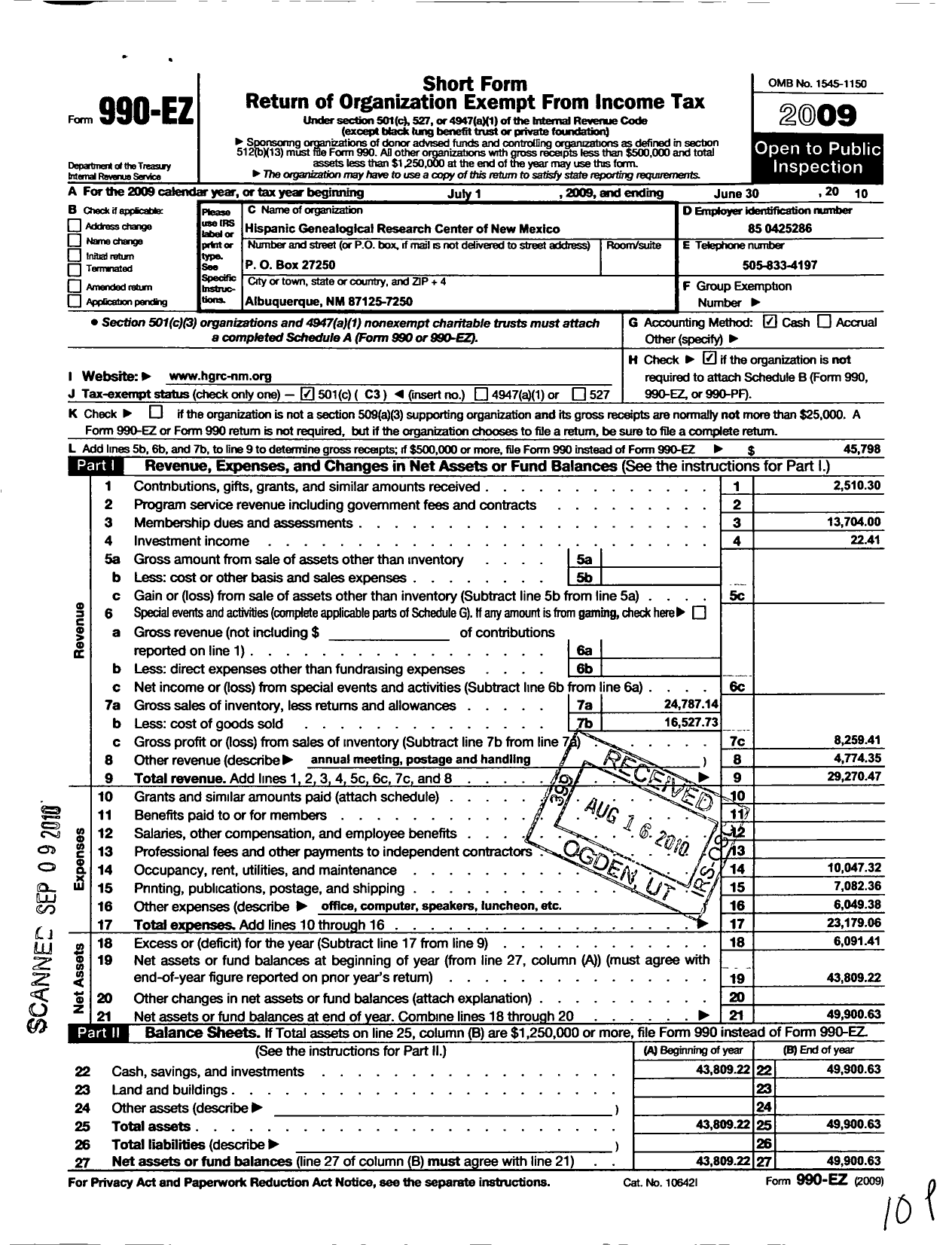 Image of first page of 2009 Form 990EZ for Hispanic Genealogical Research Center of NM