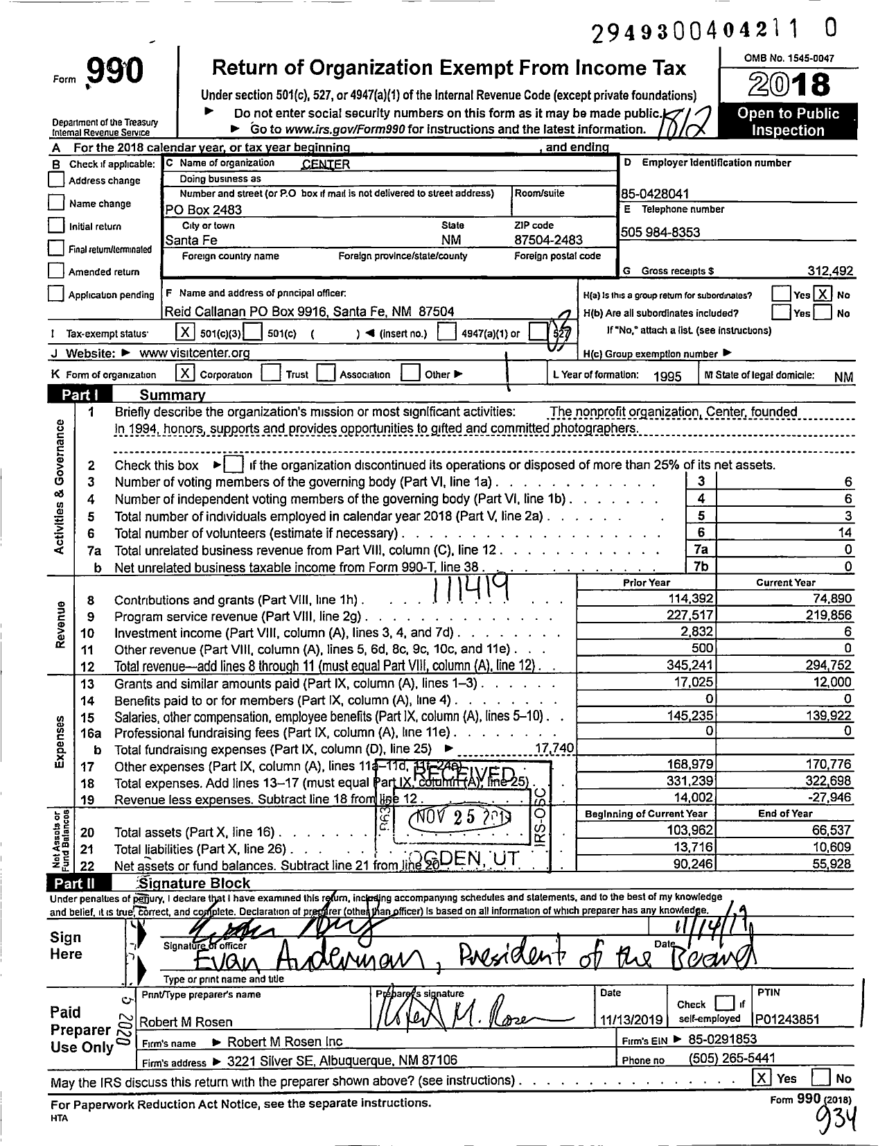 Image of first page of 2018 Form 990 for Center