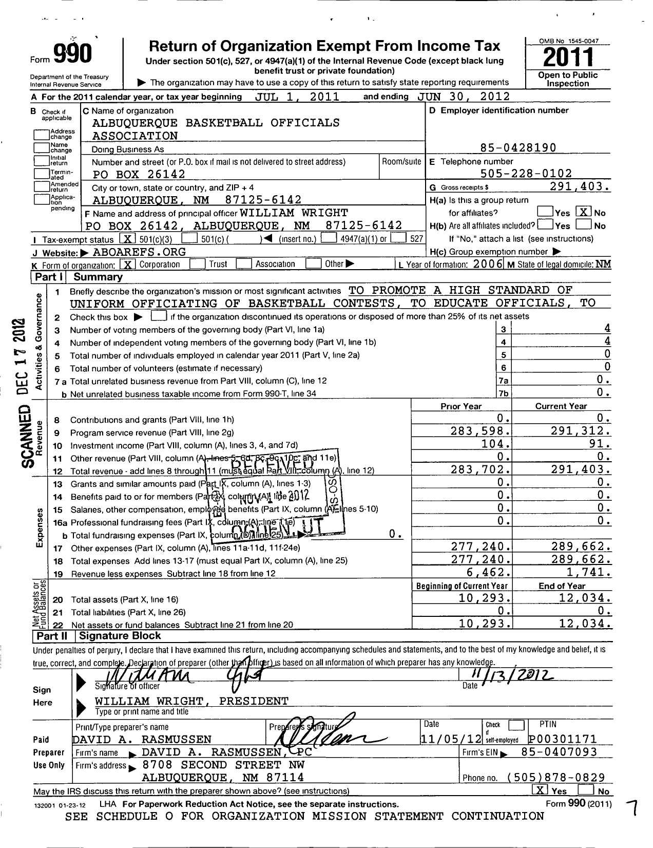 Image of first page of 2011 Form 990 for Albuquerque Basketball Officials Association