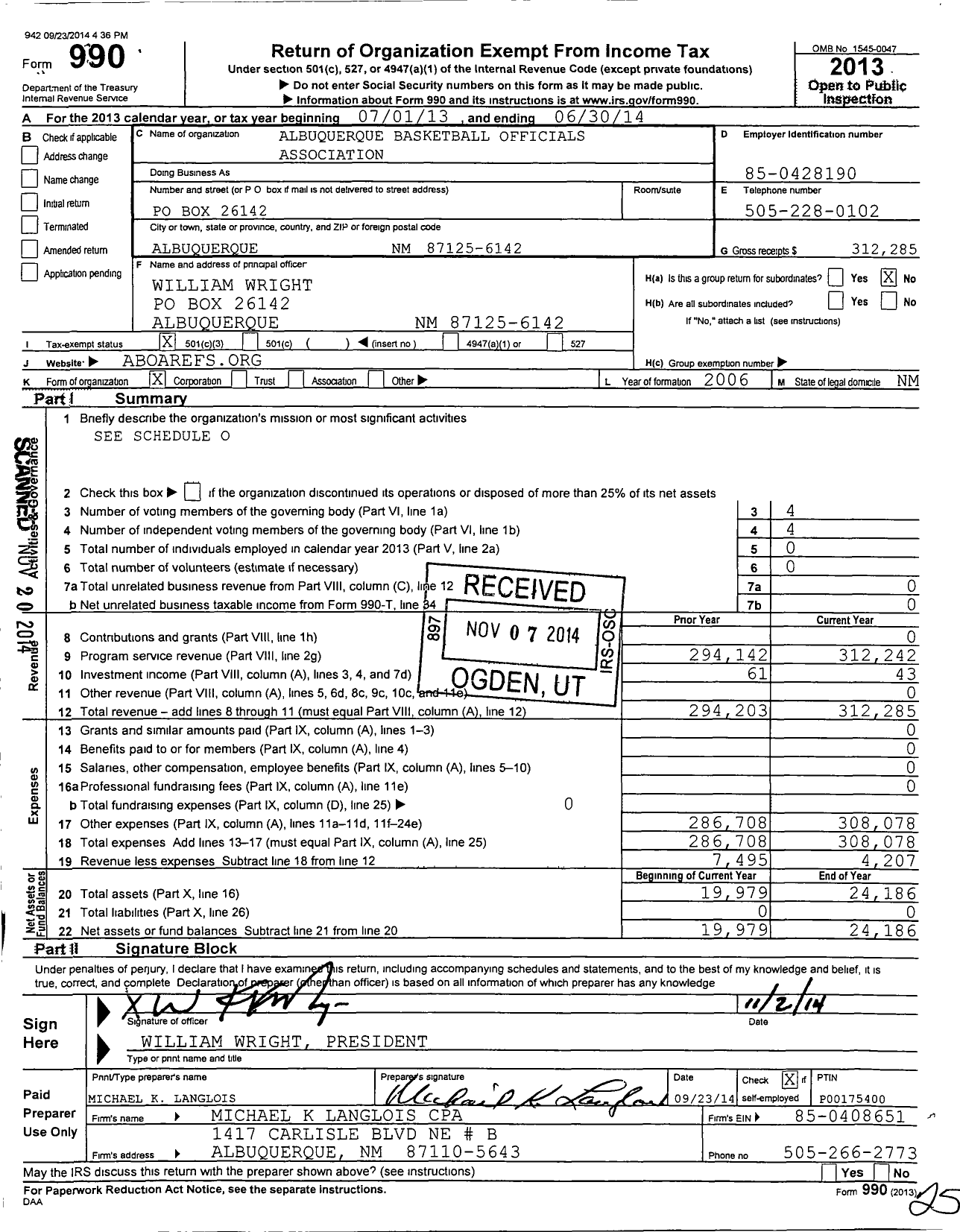 Image of first page of 2013 Form 990 for Albuquerque Basketball Officials Association