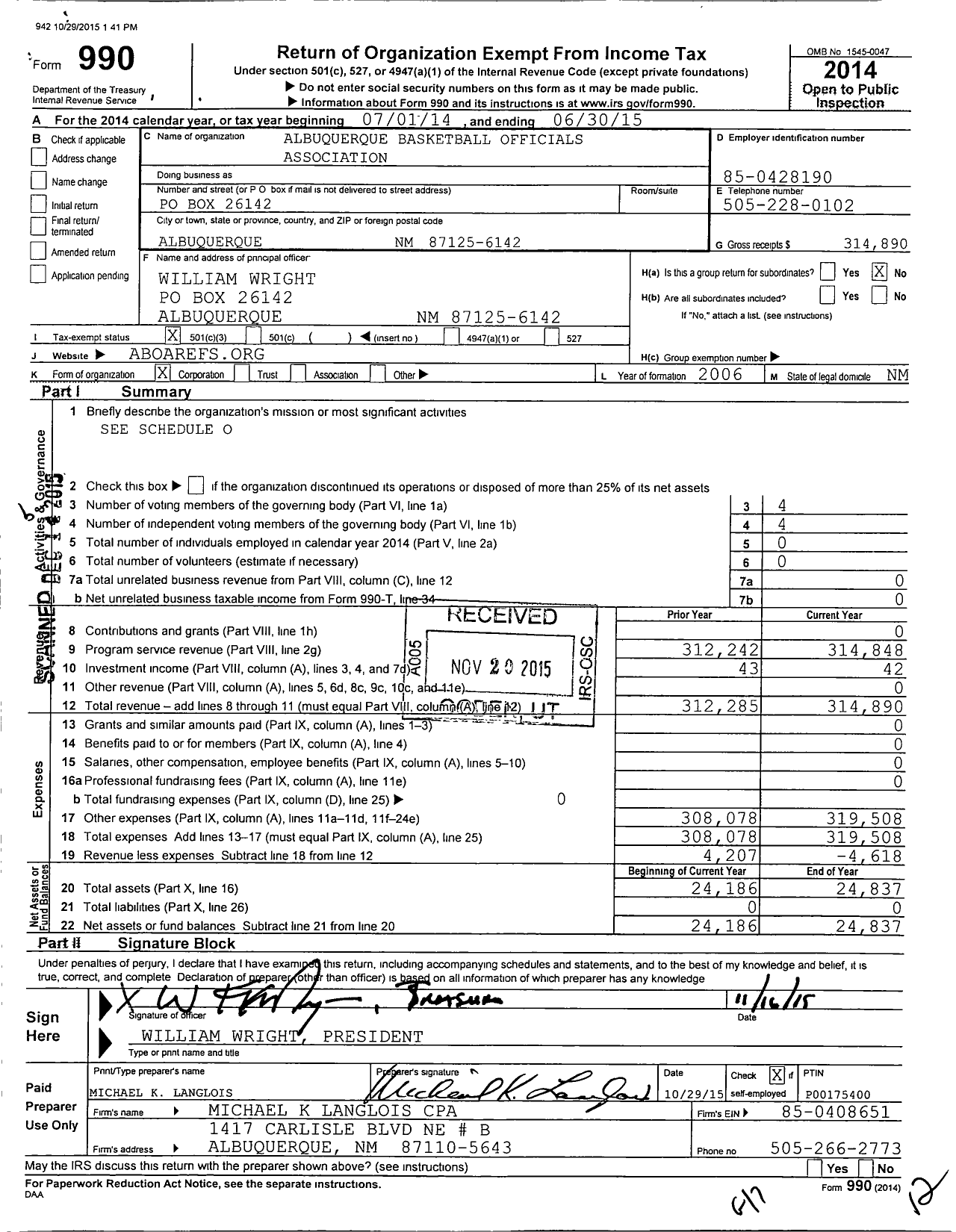 Image of first page of 2014 Form 990 for Albuquerque Basketball Officials Association