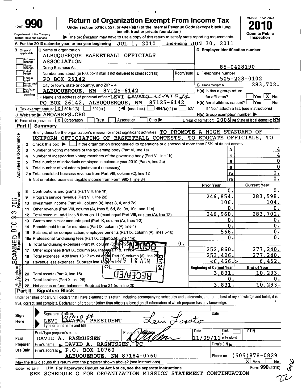 Image of first page of 2010 Form 990 for Albuquerque Basketball Officials Association