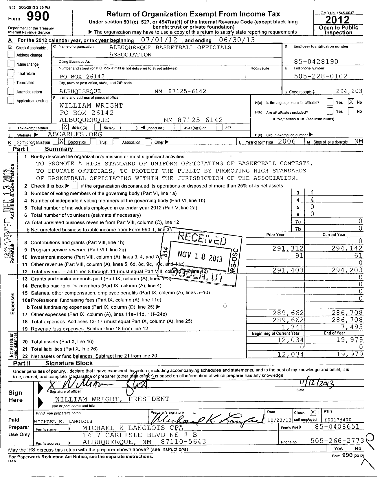 Image of first page of 2012 Form 990 for Albuquerque Basketball Officials Association