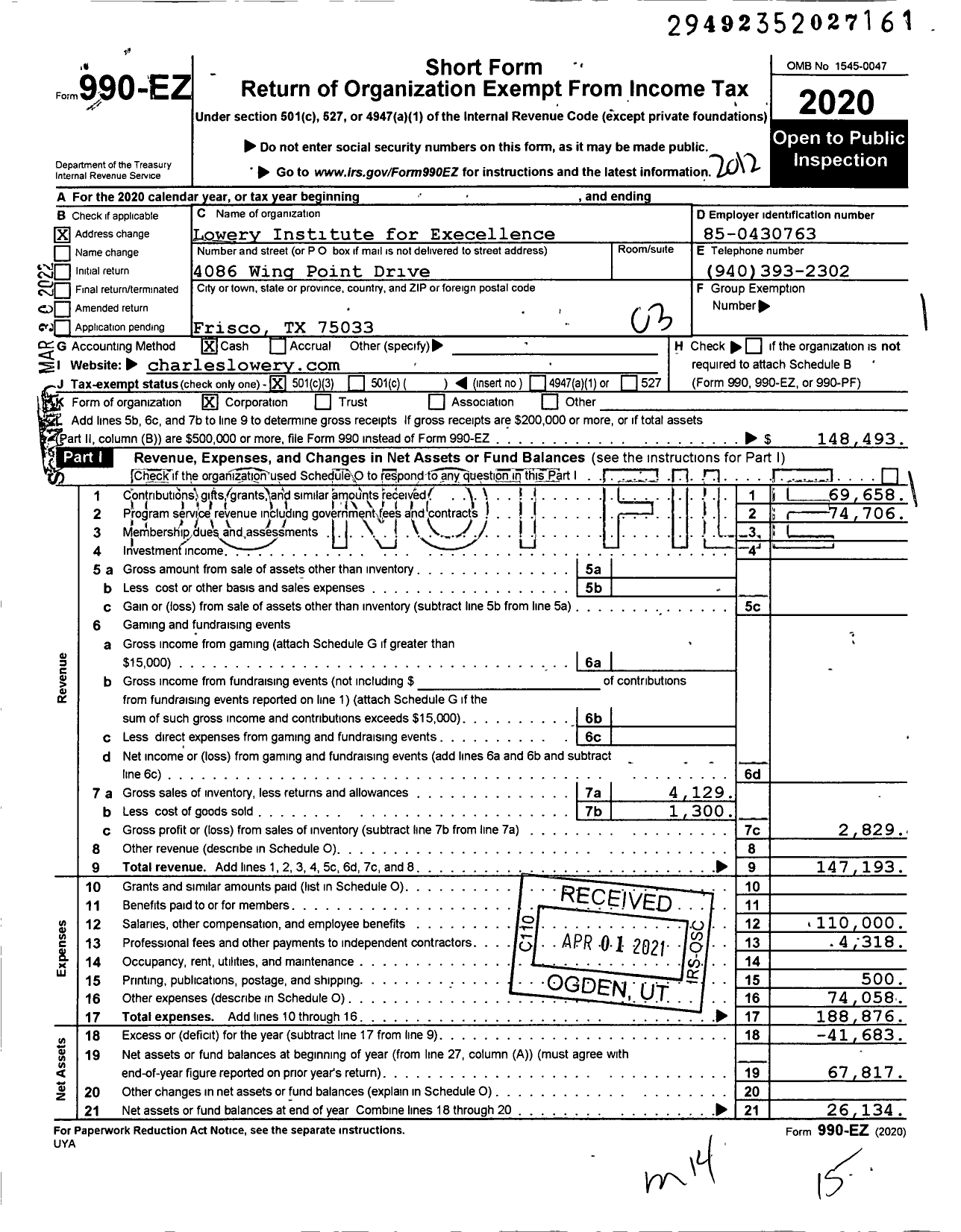Image of first page of 2020 Form 990EZ for Lowery Institute for Execellence Life