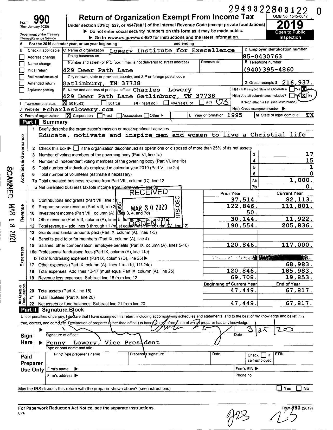 Image of first page of 2019 Form 990 for Lowery Institute for Excellence