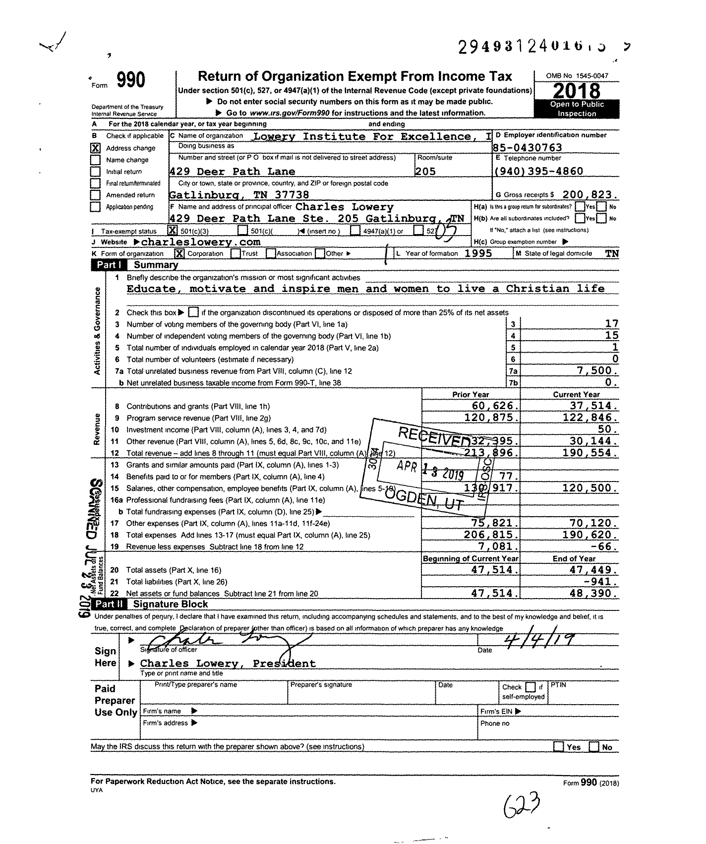 Image of first page of 2018 Form 990 for Lowery Institute for Execellence Life