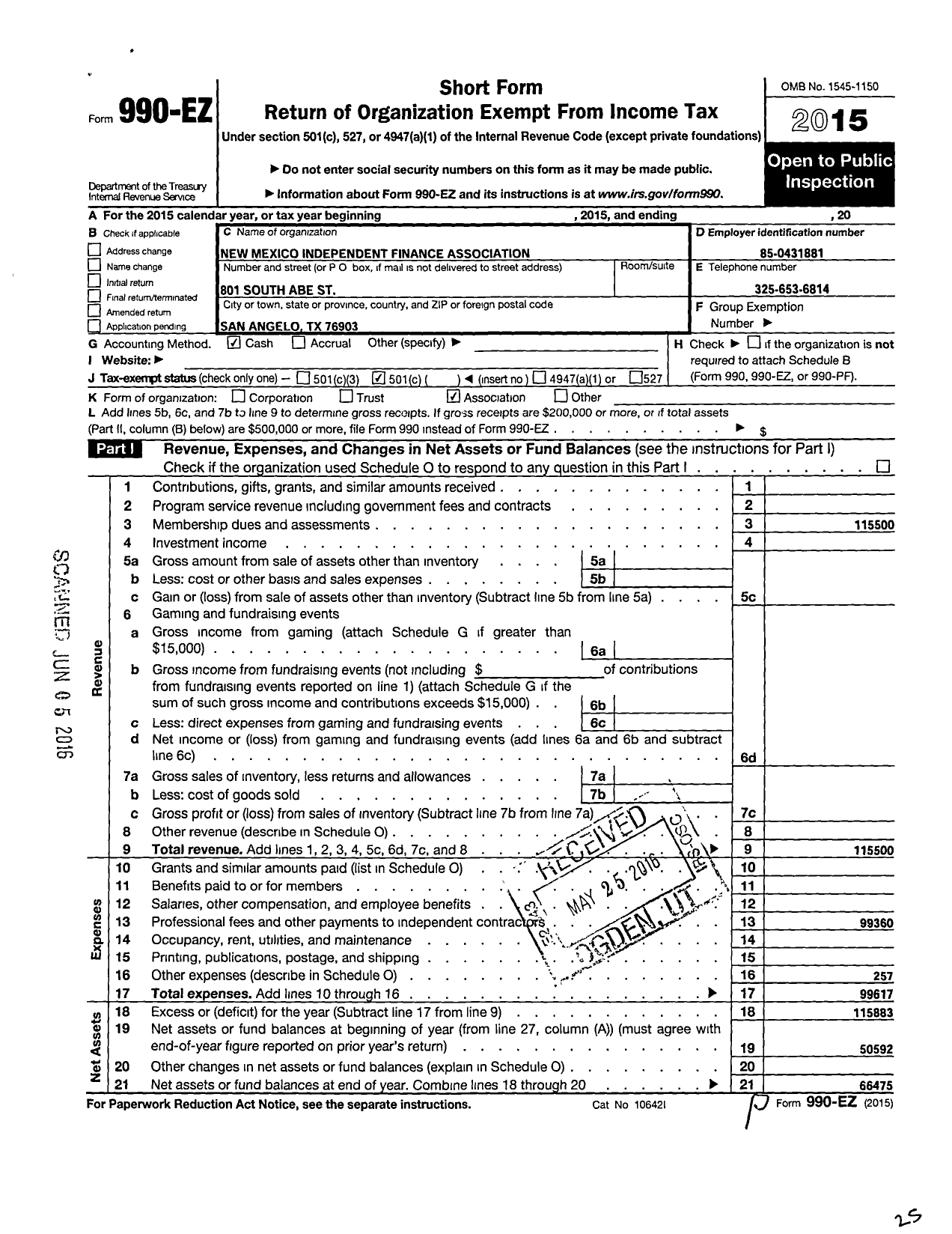 Image of first page of 2015 Form 990EO for Nmifa Independent Finance Association