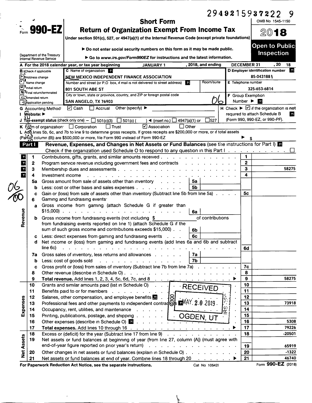 Image of first page of 2018 Form 990EO for Nmifa Independent Finance Association