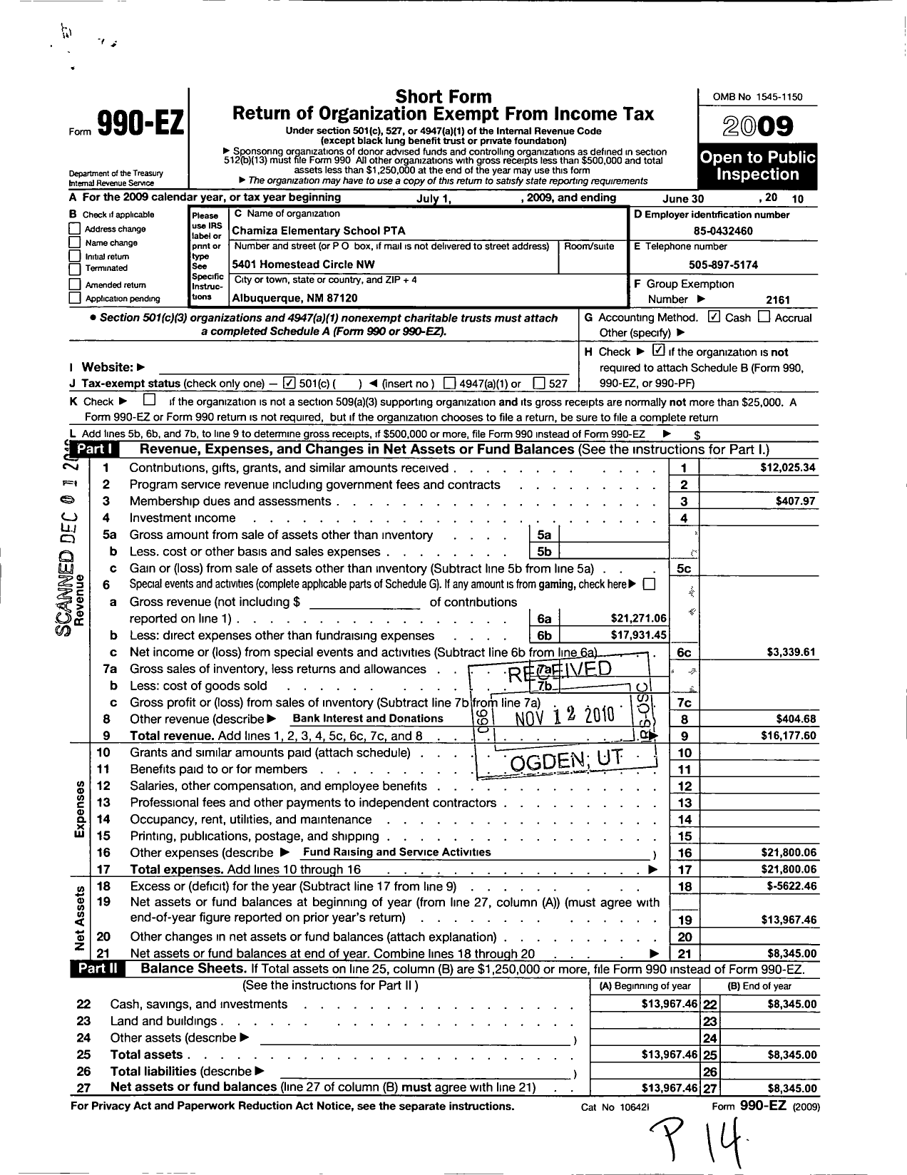 Image of first page of 2009 Form 990EO for PTA New Mexico Congress / Chamiza Elementary