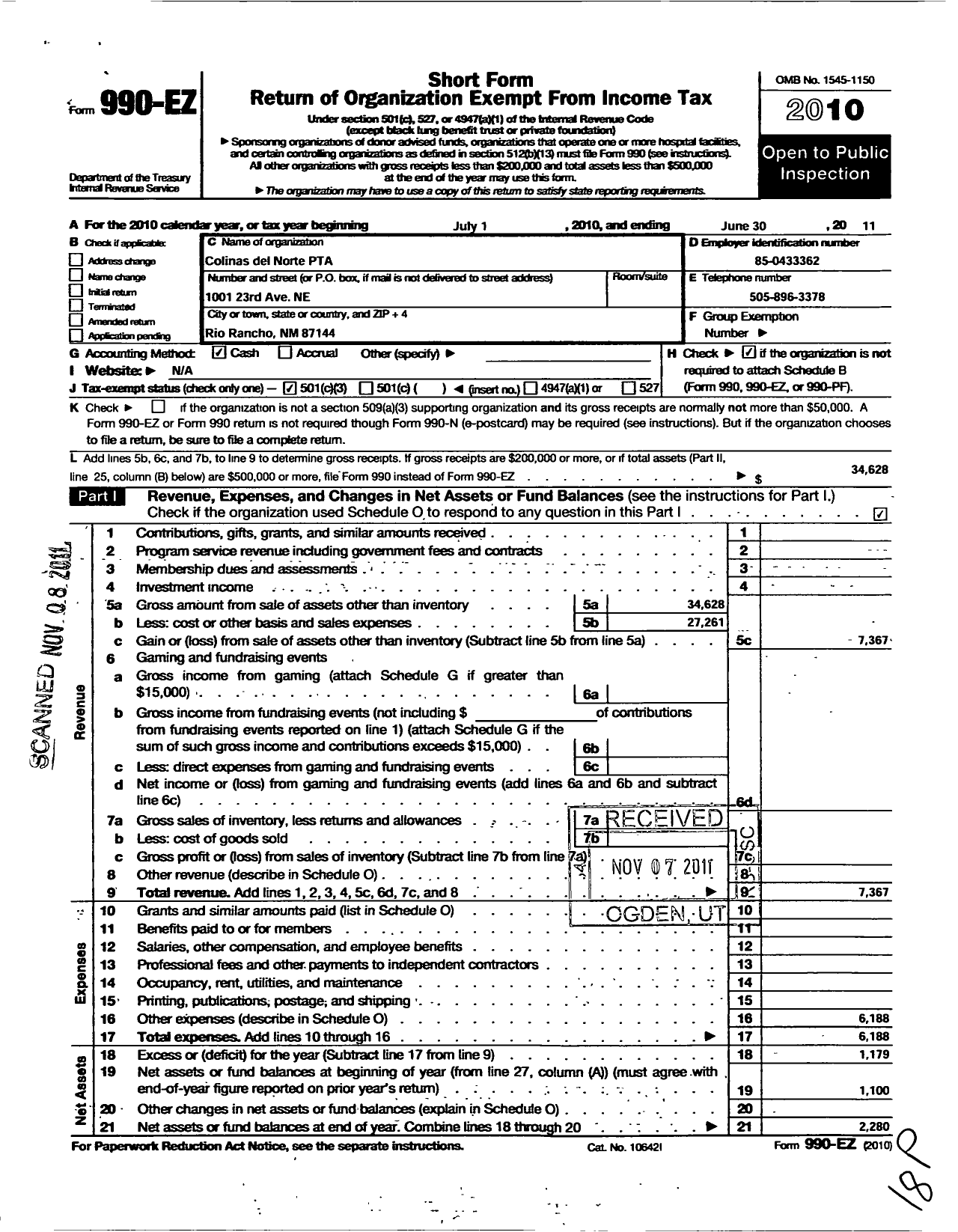 Image of first page of 2010 Form 990EZ for PTA New Mexico Congress / Colinas Del Norte Elementary PTA