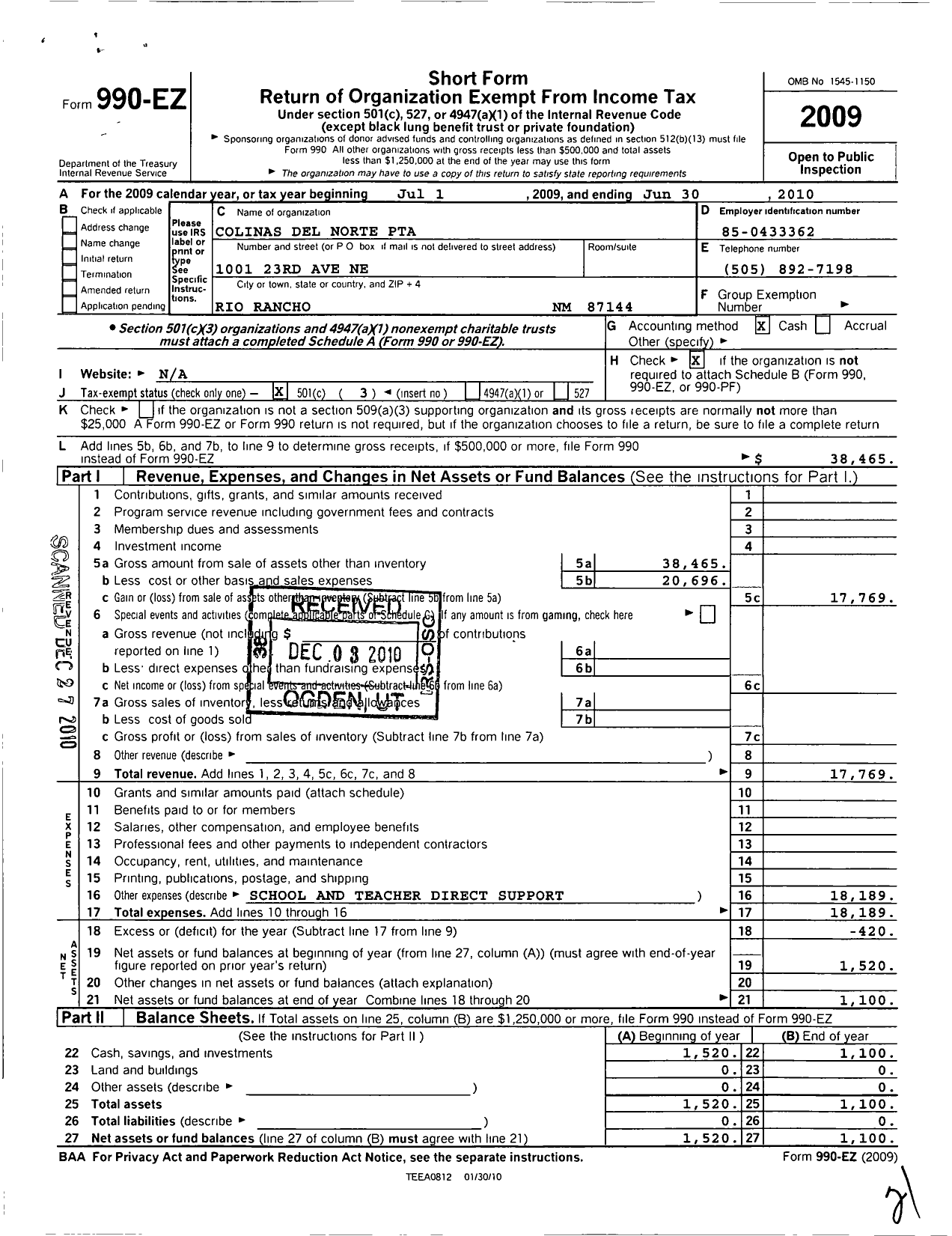 Image of first page of 2009 Form 990EZ for PTA New Mexico Congress / Colinas Del Norte Elementary PTA