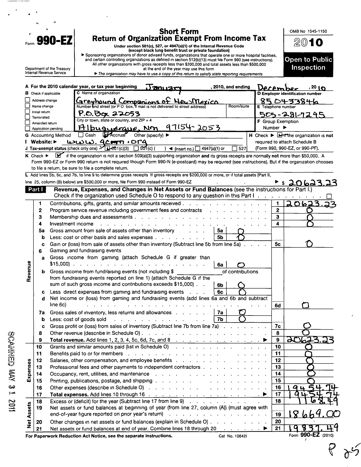 Image of first page of 2010 Form 990EZ for Greyhound Companions of New Mexico