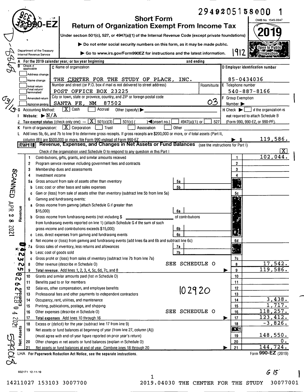 Image of first page of 2019 Form 990EZ for The Center for the Study of Place