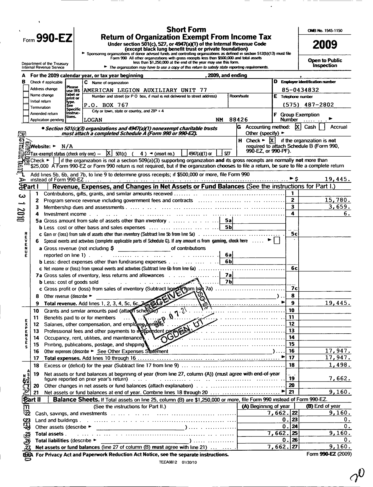 Image of first page of 2009 Form 990EO for American Legion Auxiliary - 77 Guadalupe G Ramirez