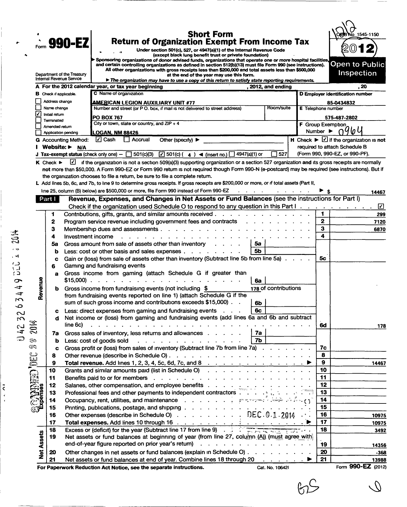 Image of first page of 2012 Form 990EO for American Legion Auxiliary - 77 Guadalupe G Ramirez