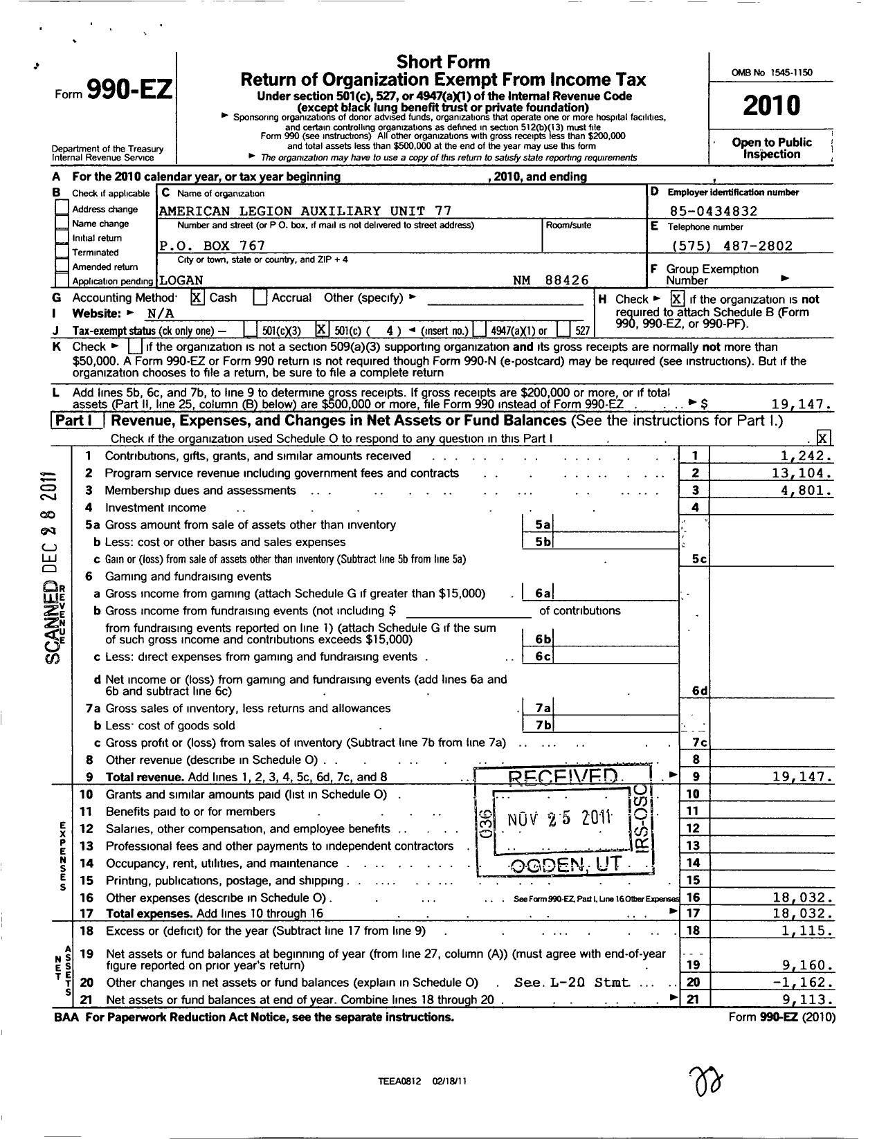 Image of first page of 2010 Form 990EO for American Legion Auxiliary - 77 Guadalupe G Ramirez