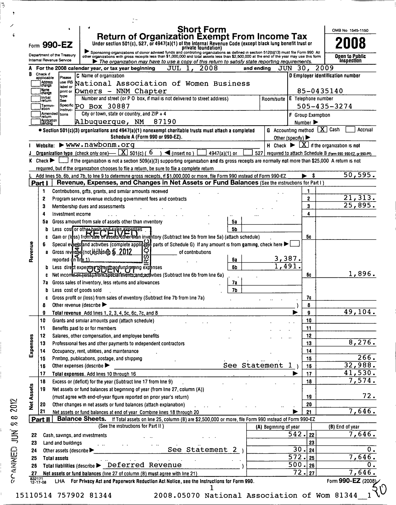 Image of first page of 2008 Form 990EO for National Association of Women Business Owners New Mexico