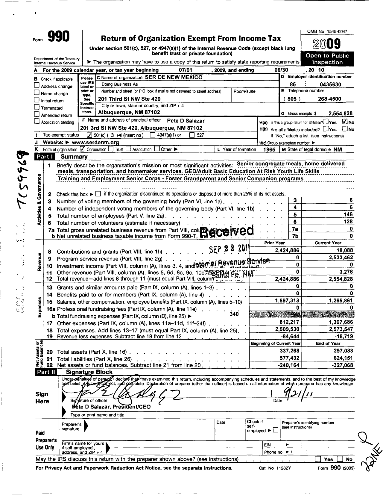 Image of first page of 2009 Form 990 for Ser de New Mexico