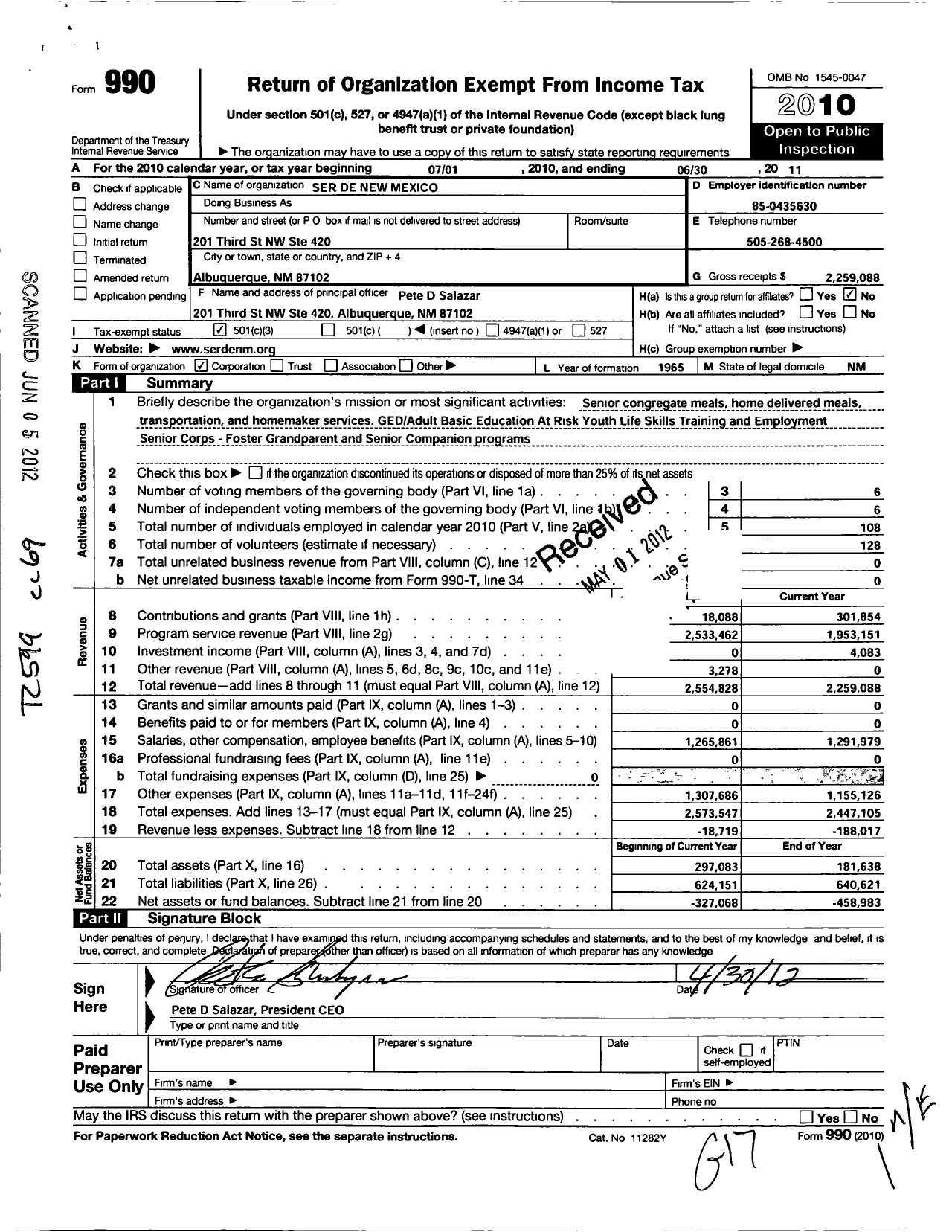 Image of first page of 2010 Form 990 for Ser de New Mexico