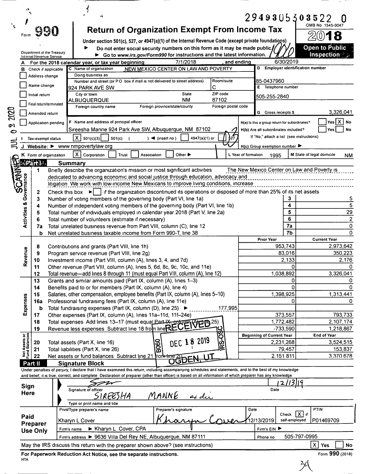 Image of first page of 2018 Form 990 for New Mexico Center on Law and Poverty