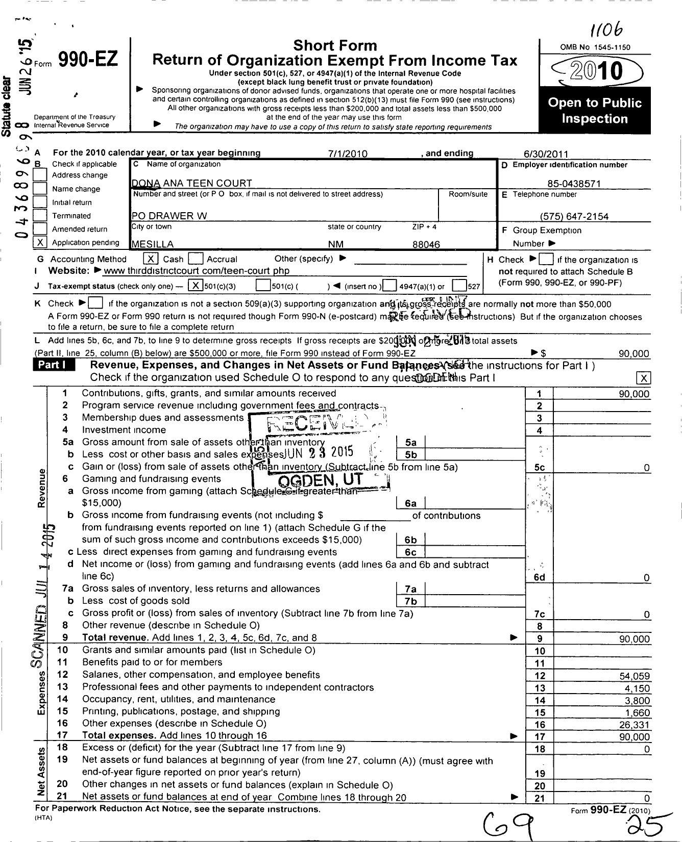 Image of first page of 2010 Form 990EZ for Dona Ana Teen Court